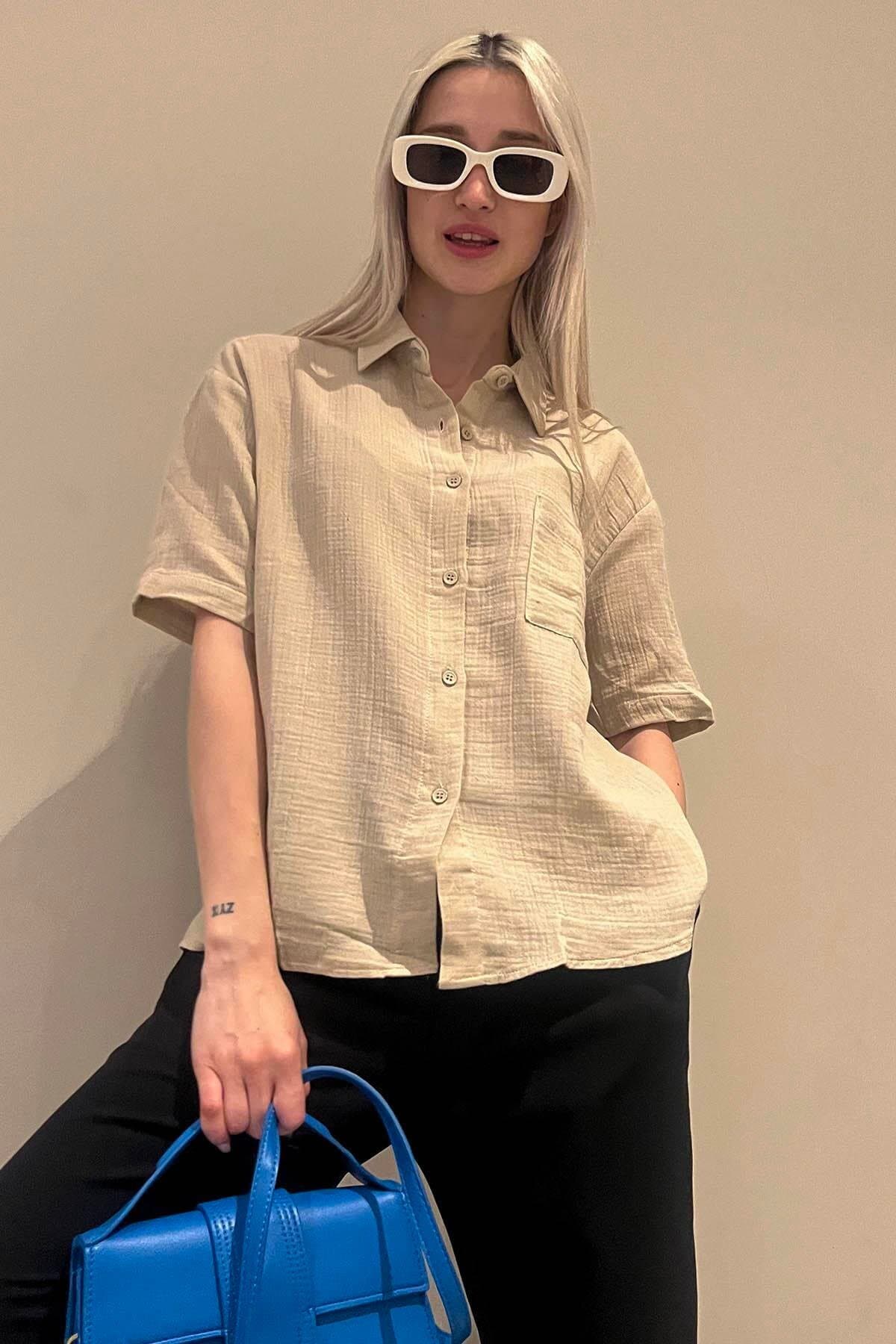 Madmext Bej Muslin Kumaş Basic Kadın Gömlek Mg1784