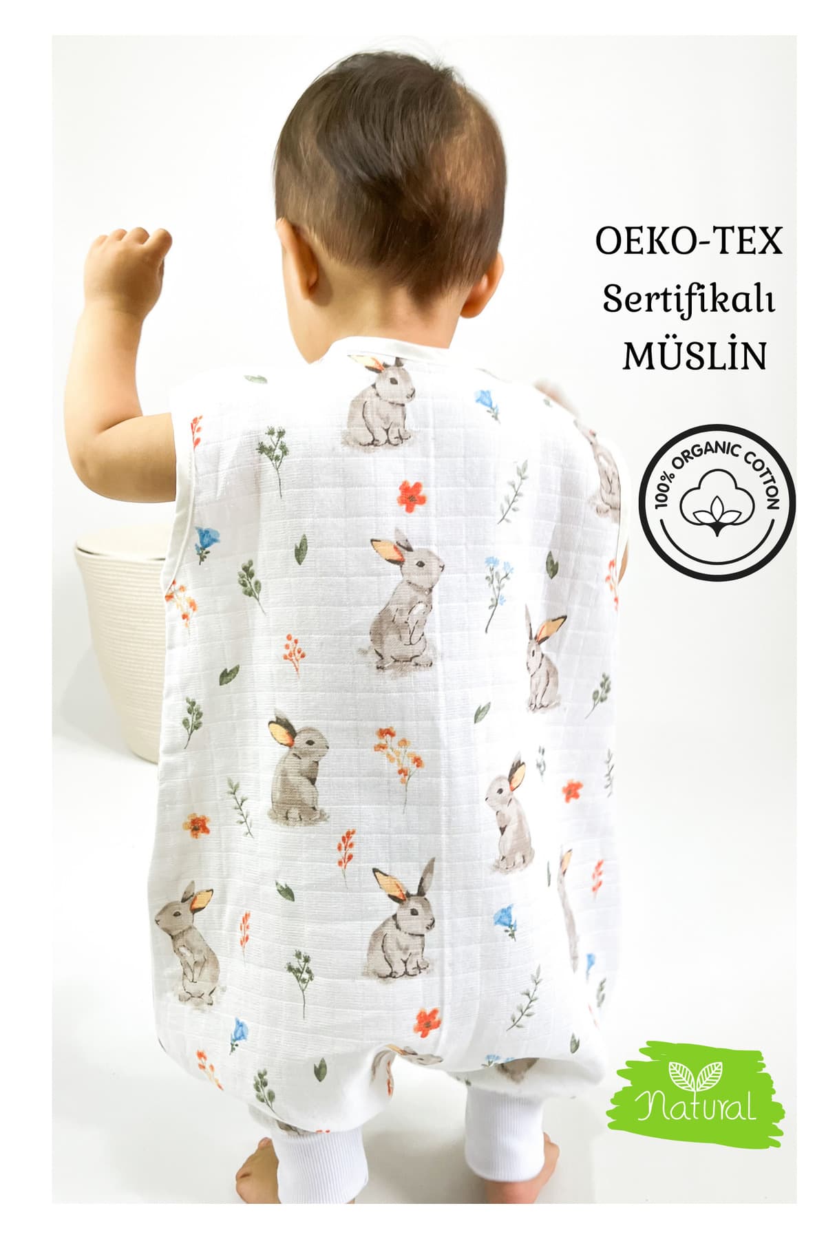 Las Vivas Kids Yazlık Müslin Uyku Tulumu, 0.5 Tog Tek Katlı Çocuk Tulumu, Kız Erkek Bebek Tavşanlı Unisex Tulum
