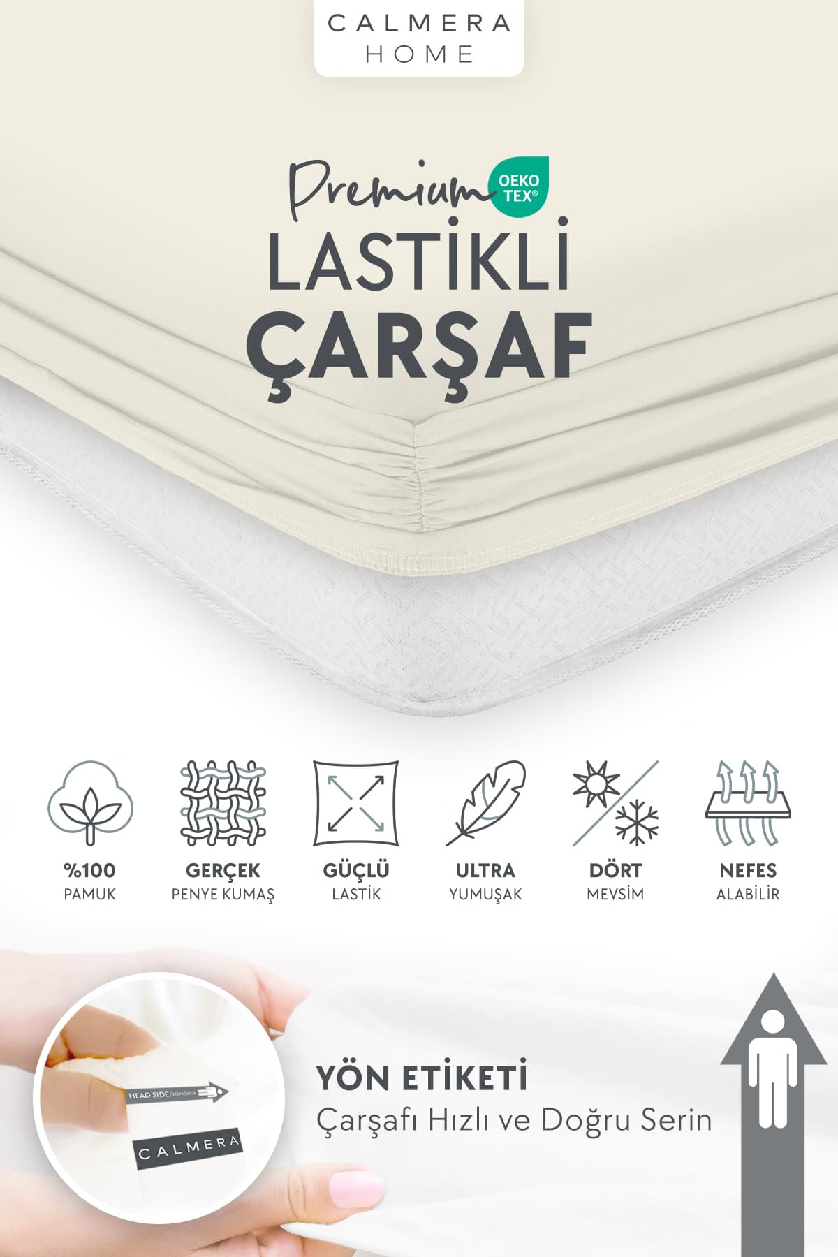 Calmera %100 Pamuk Penye Lastikli Çarşaf - Tek | Çift Kişilik | Battal King Size - Ekru