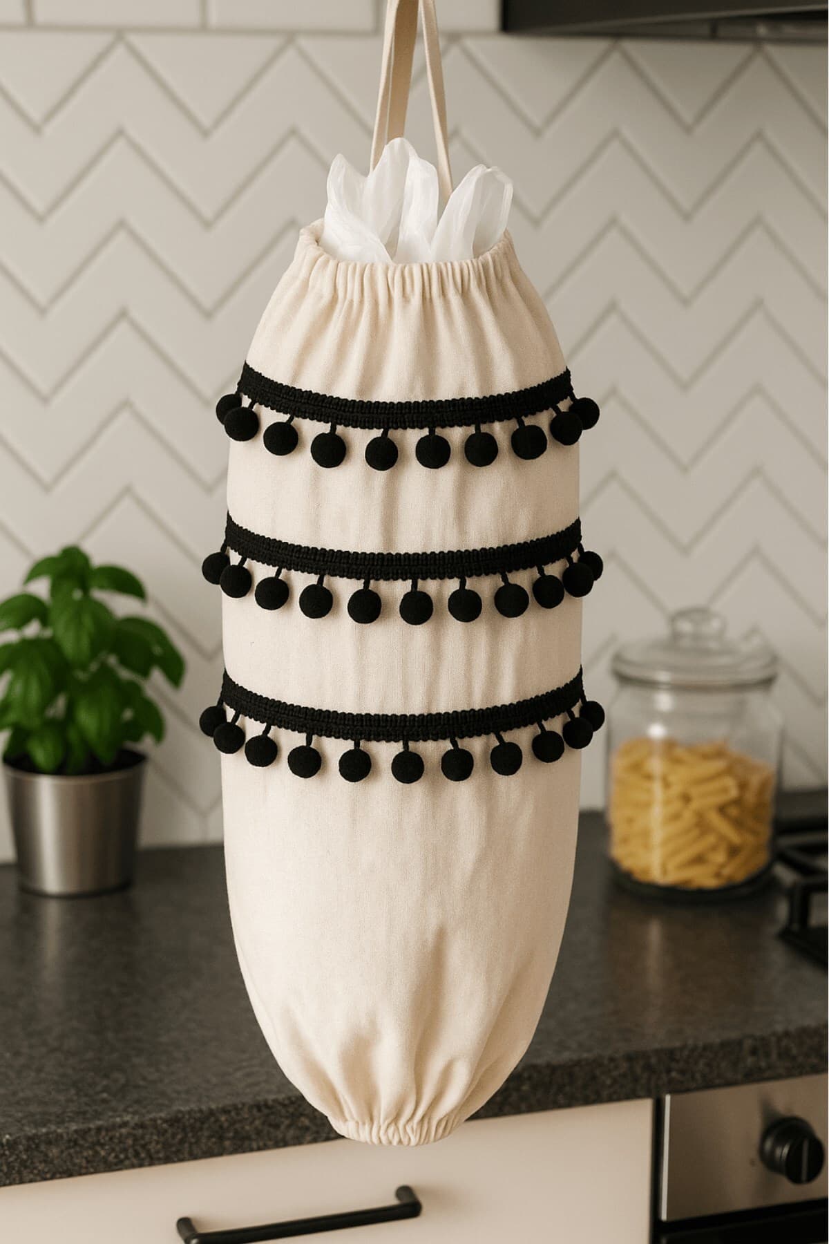 Emtory Home Ponponlu Naturel Keten Poşetlik Organizer (Askısı İç Kısmına Dikilmiştir)