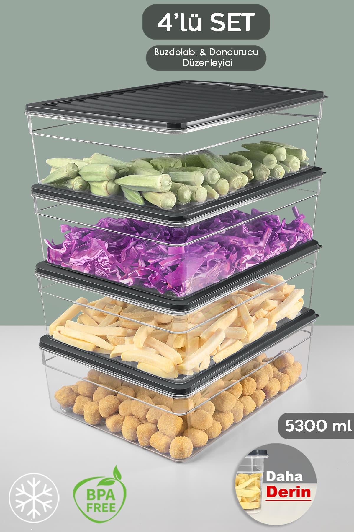 Meleni Home 4'lü Derin Buzdolabı Organizer Set Düzenleyici Saklama Kabı Mikrodalga Difriz Kabı 5300ml Antrasit