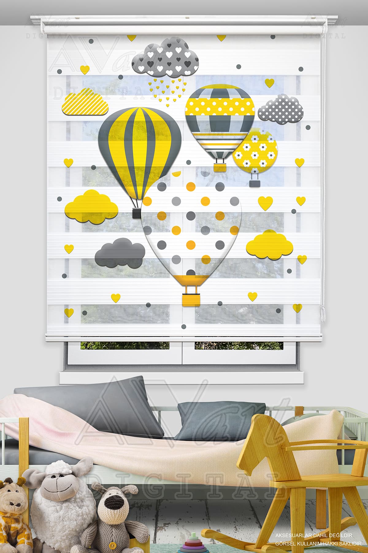 Avart Digital Uçan Balon Baskılı Perde - Çocuk Odası Perdesi - Hot Air Balloon - Baskılı Zebra Perde