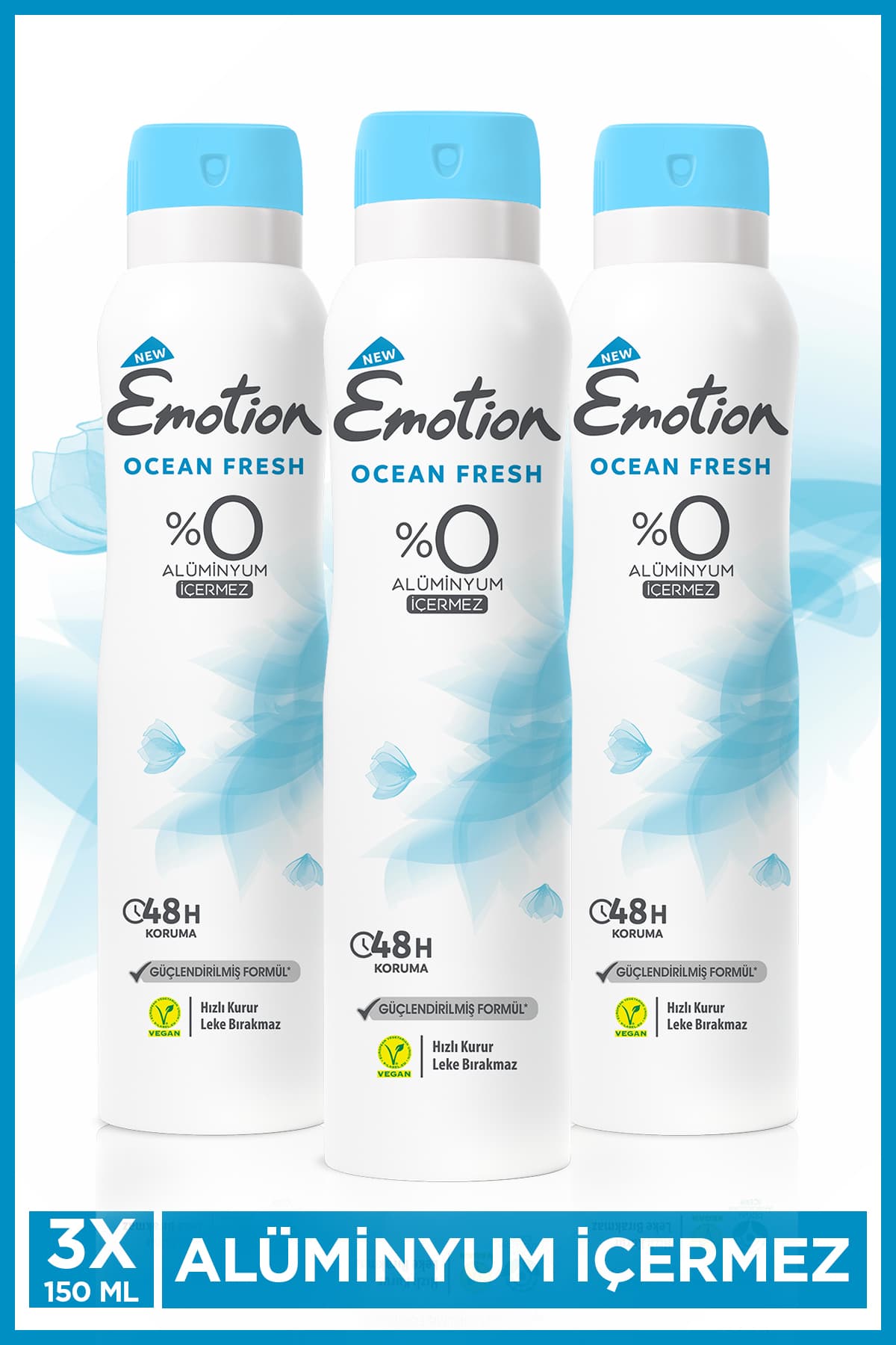 Emotion Ocean Fresh Kadın Alüminyumsuz Vegan Deodorant 3x150ml Hızlı Kurur, Leke Bırakmaz