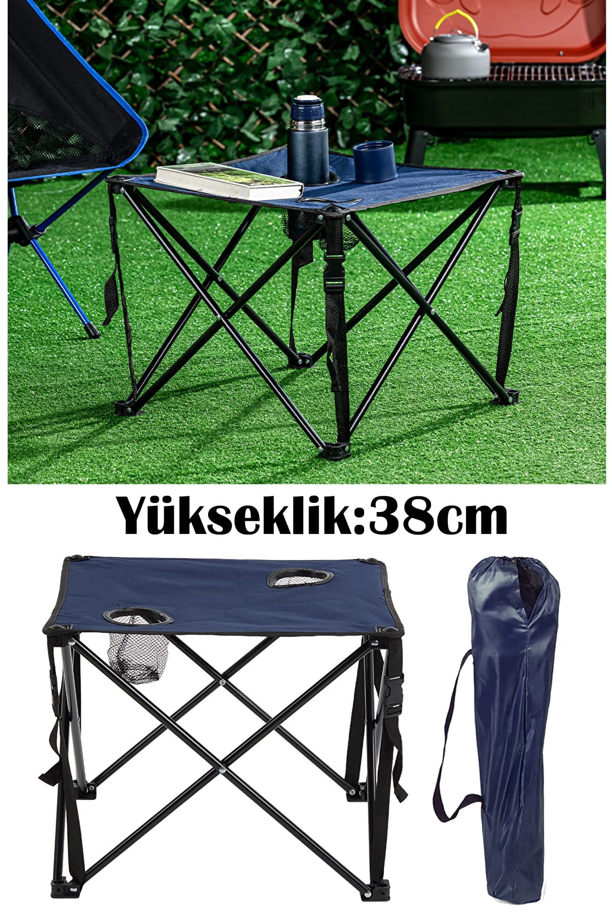Binbirreyon Çantalı Bardak Gözlü Lacivert Katlanır Kamp Masası 46cmx46cmx38cm Ha042