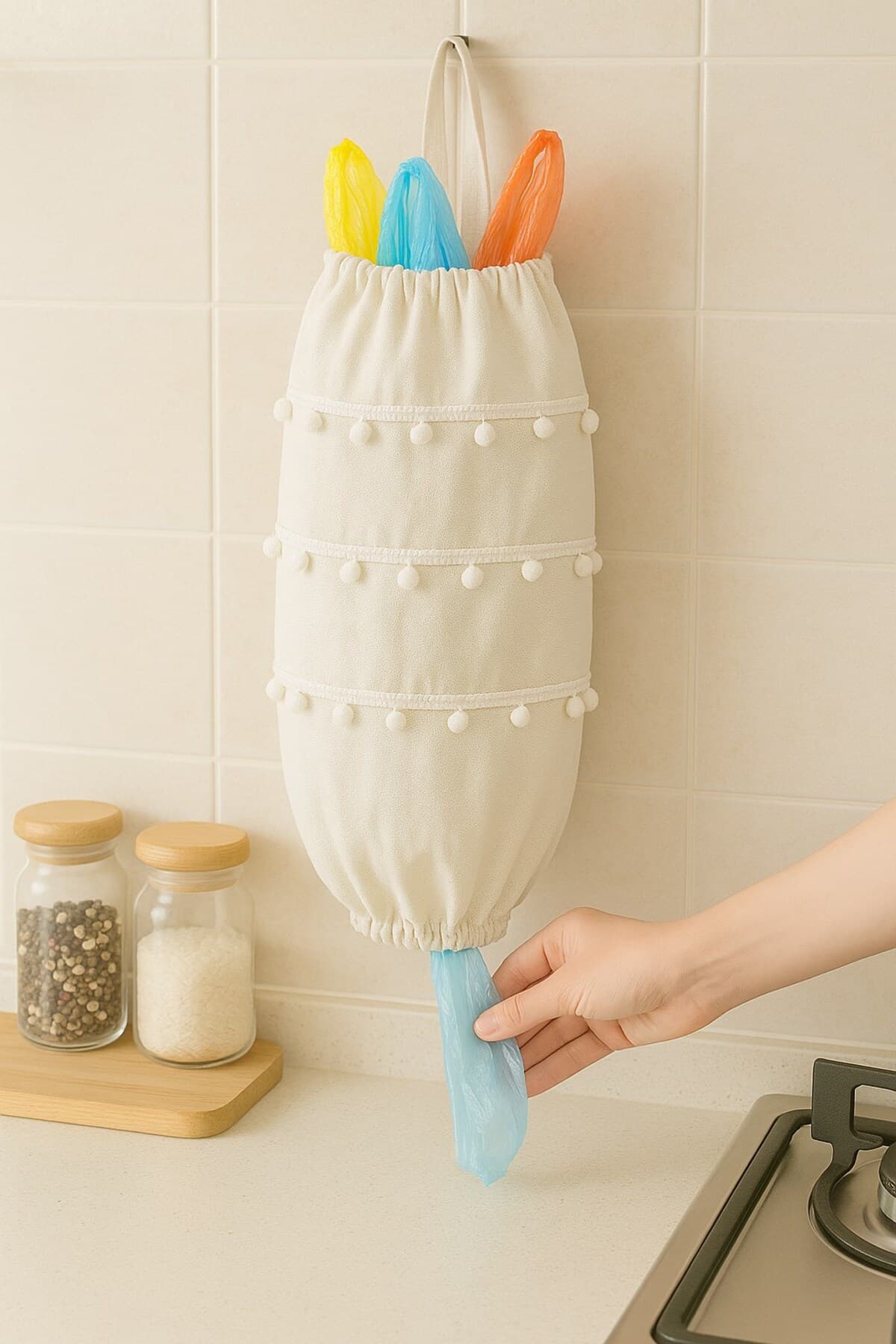 Emtory Home Krem Ponponlu Naturel Keten Poşetlik Organizer