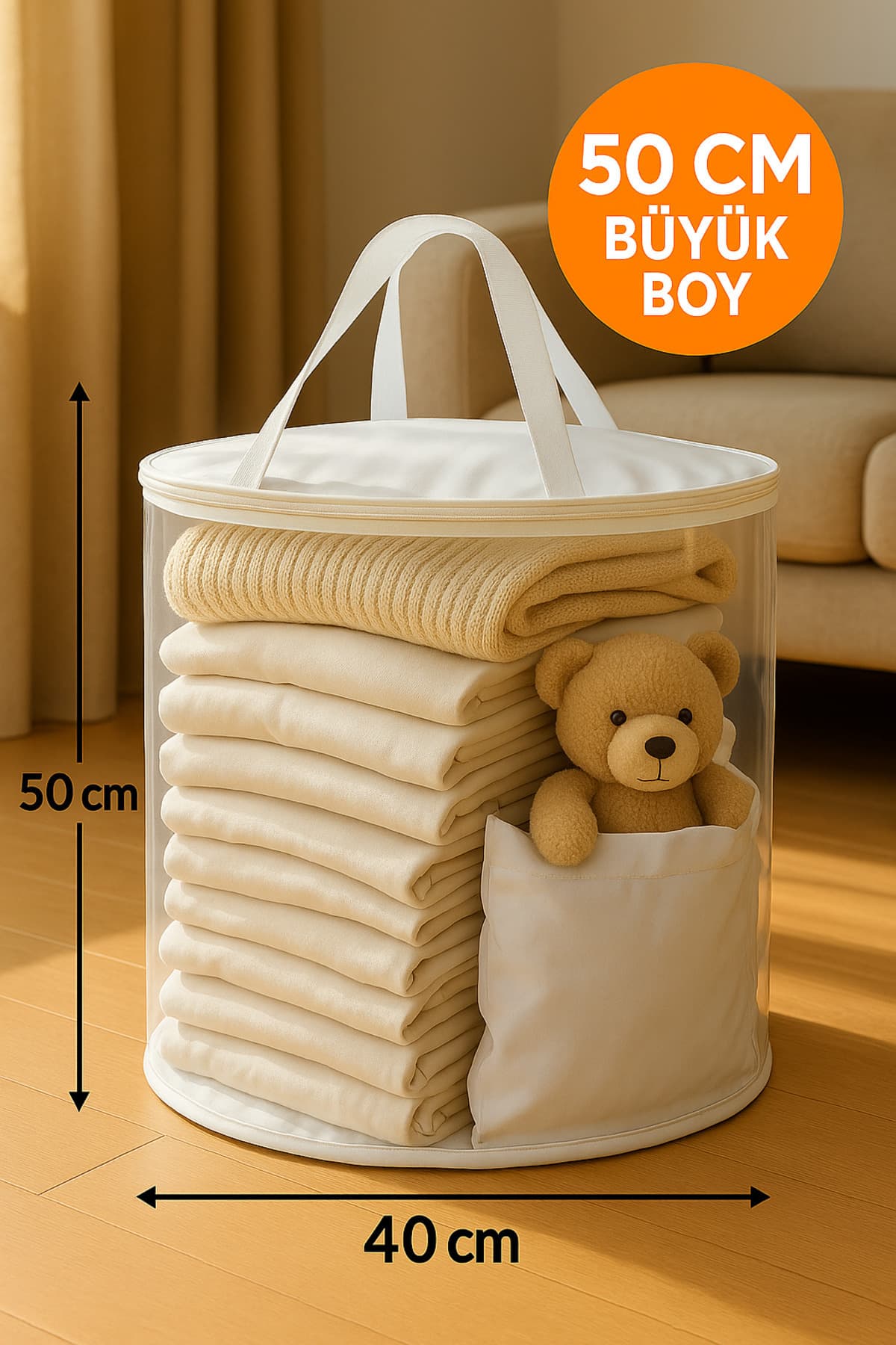 HİG HOME 50x40 Silindir Hurç – Büyük Boy, Kapaklı ve Taşıma Saplı