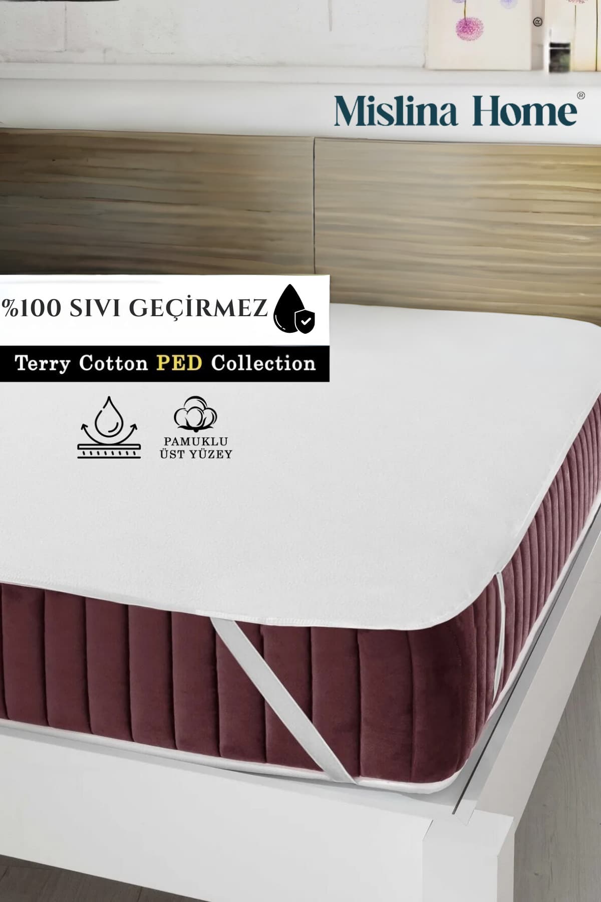 Mislina Home Terry Pamuklu Sıvı Su Geçirmez Köşe Lastikli Ped Tek Çift Kişilik Çocuk Yatak Koruyucu Sessiz Alez