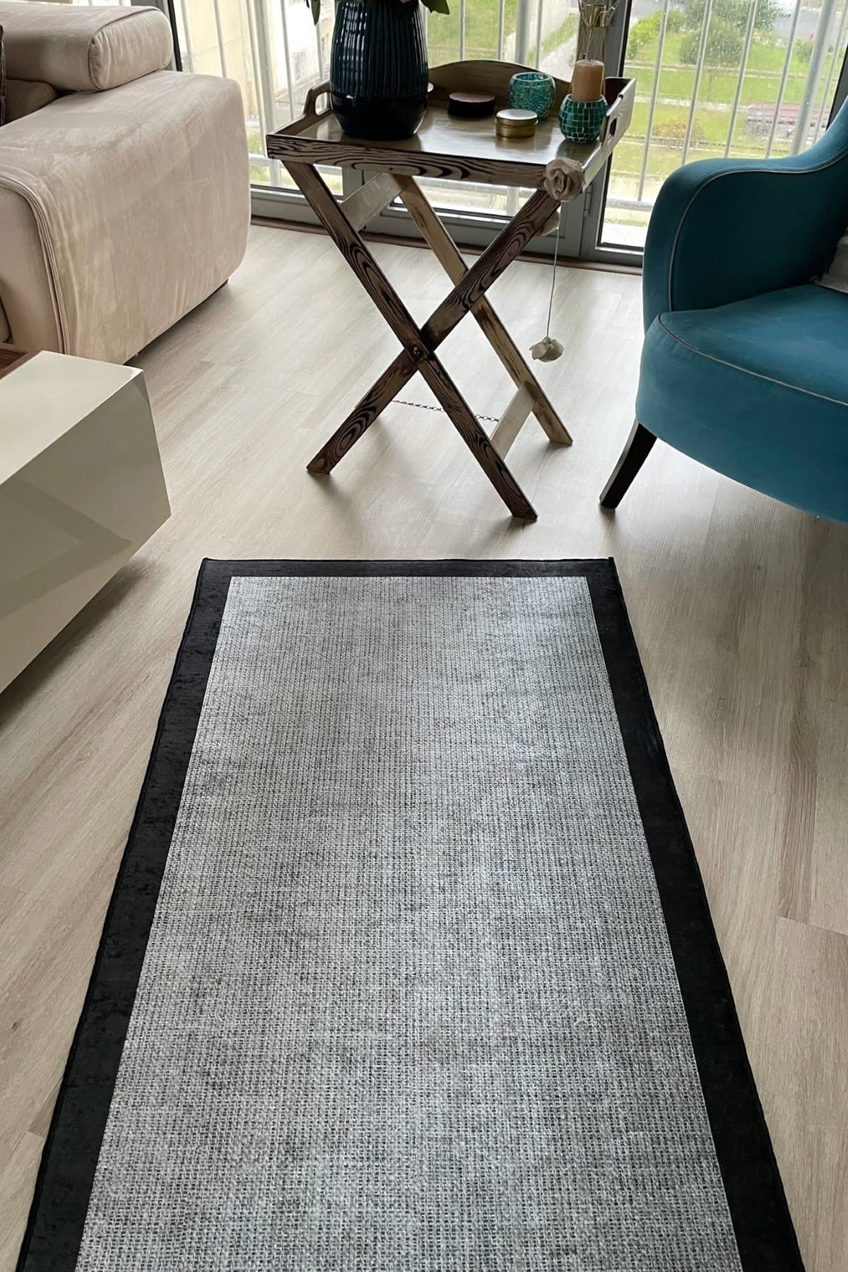Hevia Home Hasır Görünümlü Dijital Kaymaz Taban Yıkanabilir Gri Siyah Koridor Halısı Yolluk