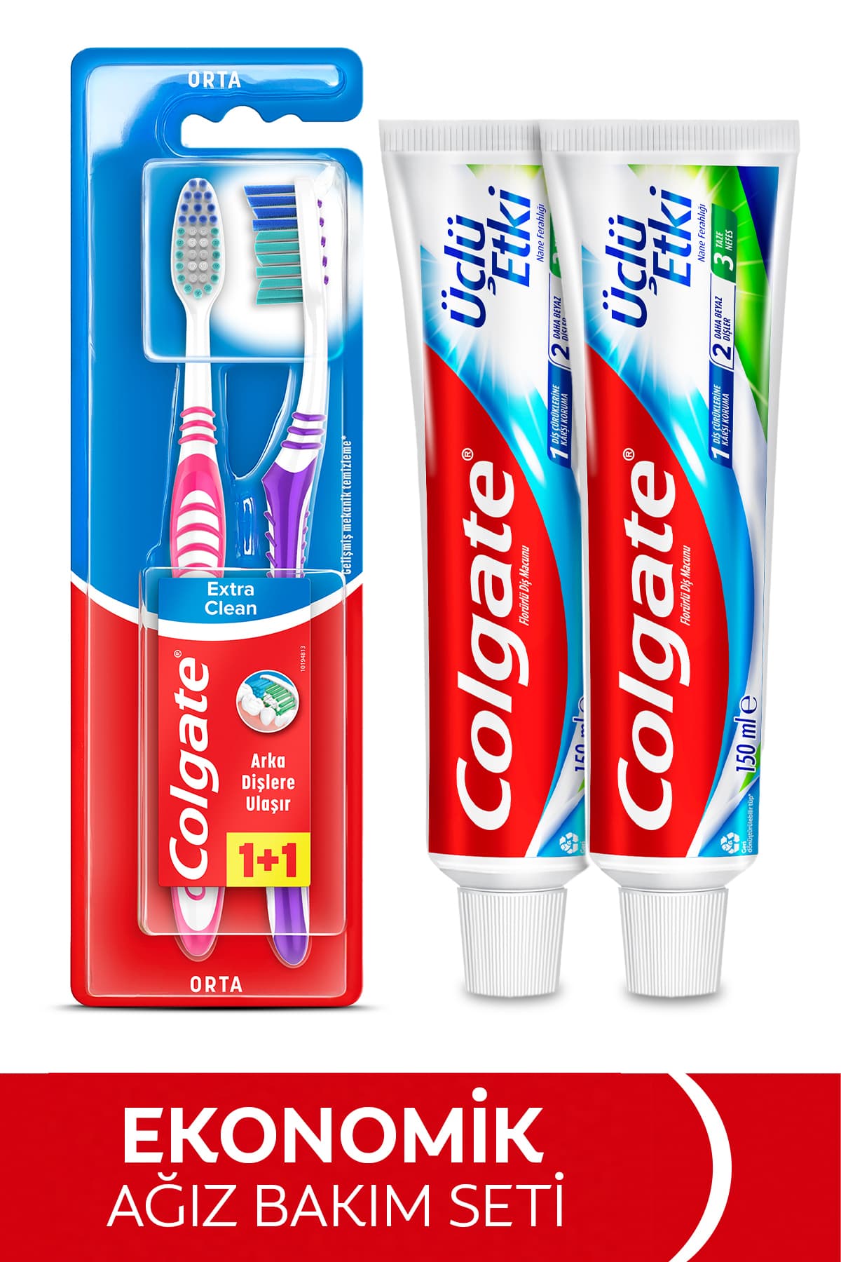 Colgate Üçlü Etki 150 ml Diş Macunu x2 + Extra Clean Colors 1+1 Diş Fırçası Ağız Bakımı Ağız Hijyeni
