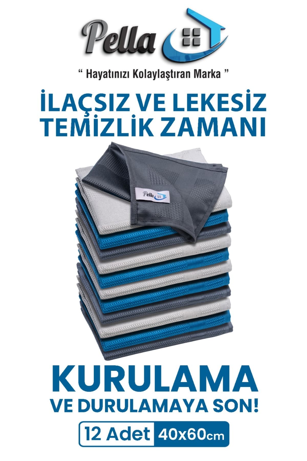 Pella 12'li Mikrofiber Temizlik Bezi, Cam, Araba Silme Bezi, Mutfak, 60x40 Cm