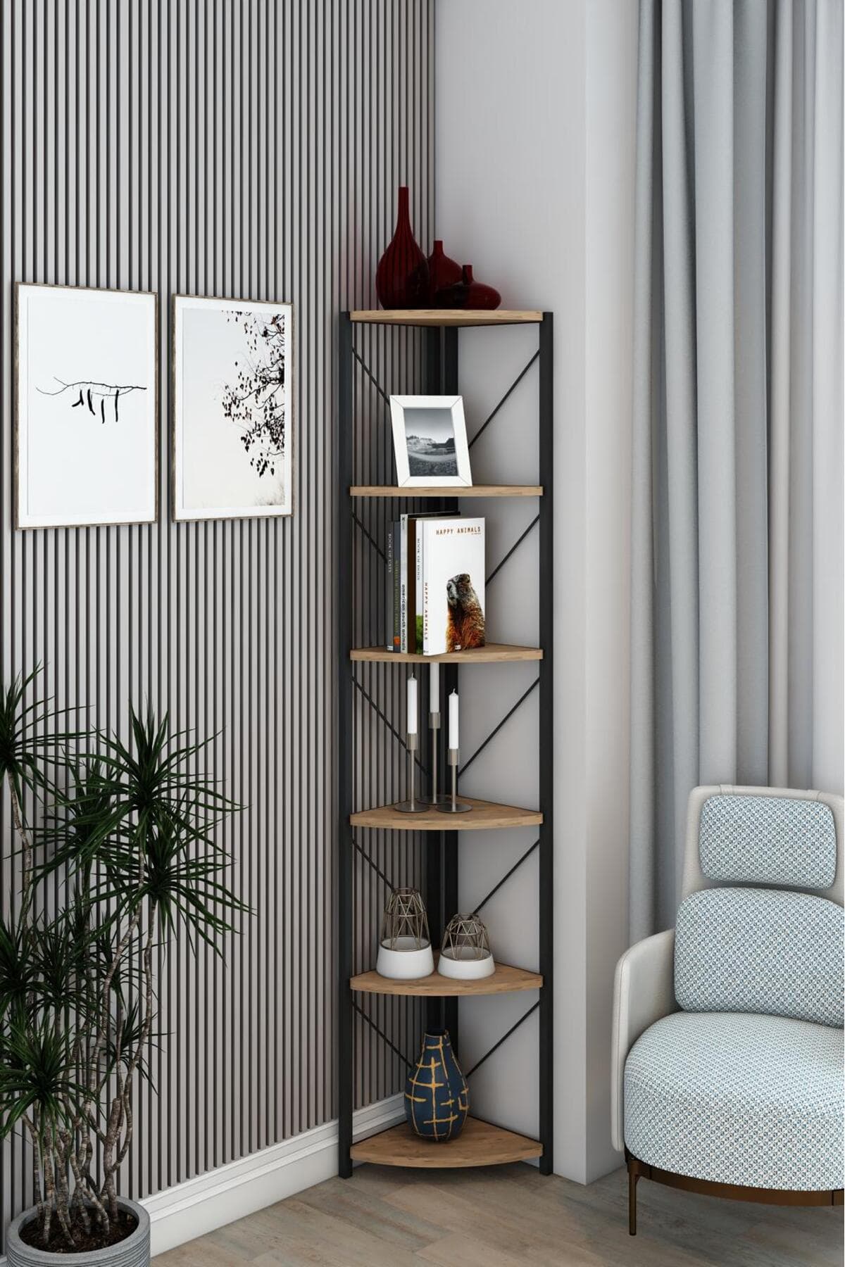 Remaks Datça 6 Raflı Metal Köşe Kitaplık Rafı Dekoratif Aksesuar Rafı 180 Cm Meşe