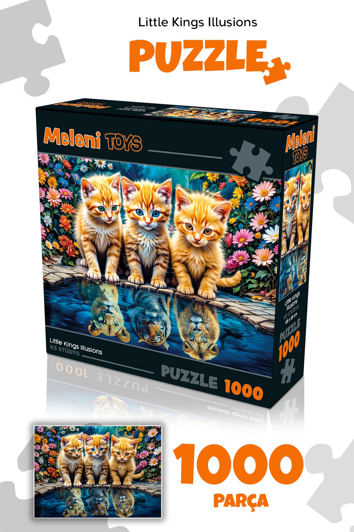 Meleni Toys 1000 Parça Little Kings Illusions Puzzle - Aslan Kral Kedi Yapboz 68x48 Cm