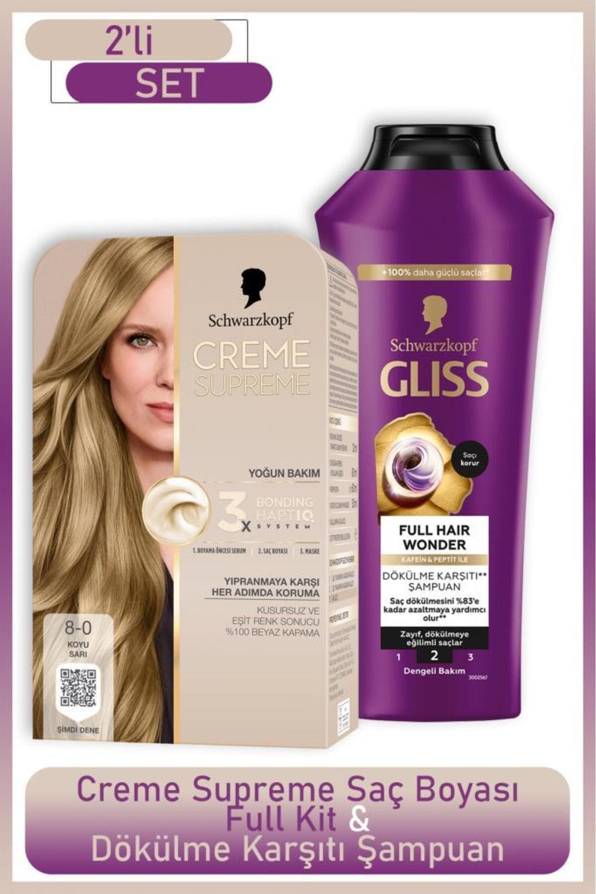 Schwarzkopf Creme Supreme Full Kit 8-0 Koyu Sarı+Gliss Full Hair Wonder Saç Dökülme Karşıtı Şampuan 400 ml