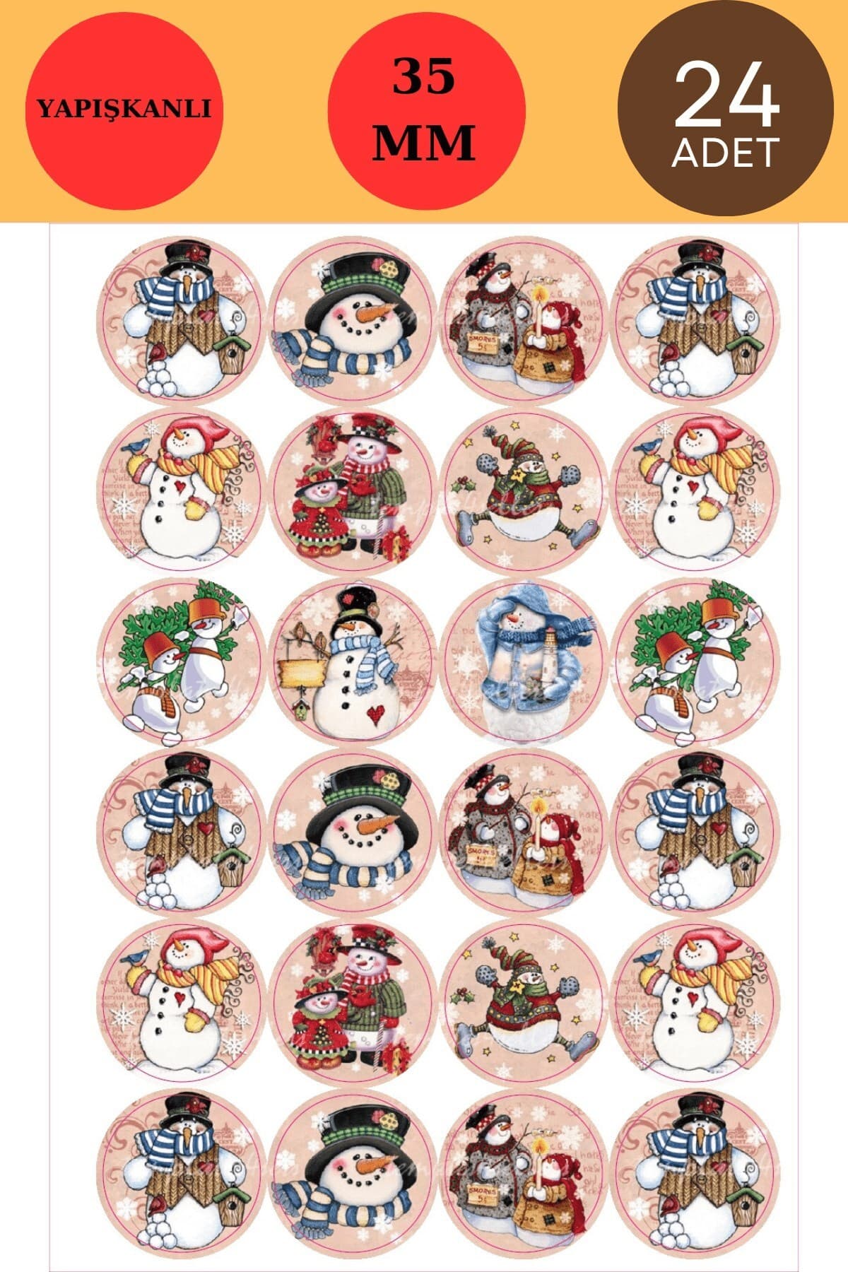 Emtory Home 24 Adet - Snowman Sticker - Yılbaşı Sticker - Yılbaşı Hediye Paketleme - Paketleme Sticker - Yılbaşı