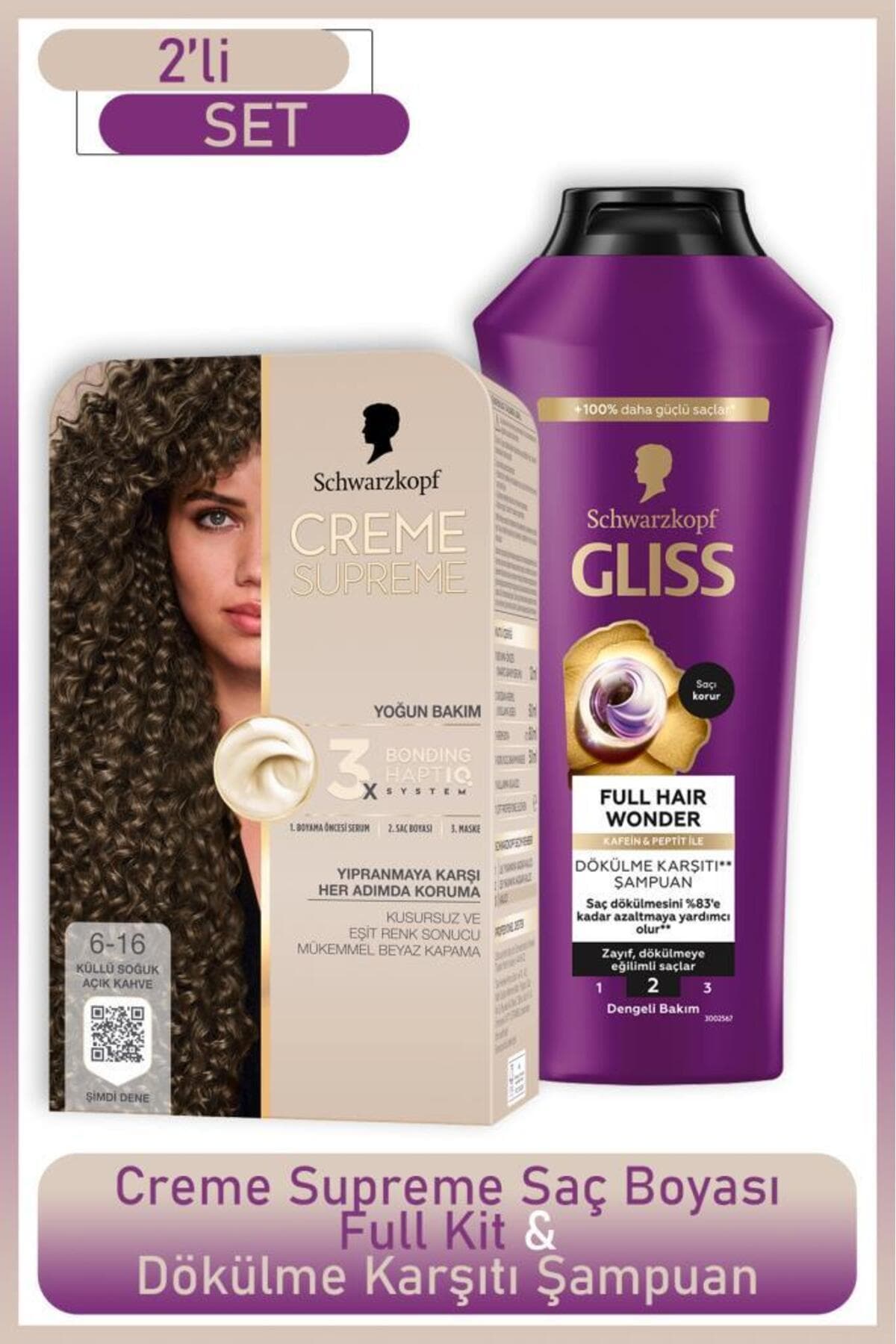 Schwarzkopf Creme Supreme Full Kit 6-16 Küllü Soğuk Açık Kahve + Gliss Saç Dökülme Karşıtı Şampuan 400ml