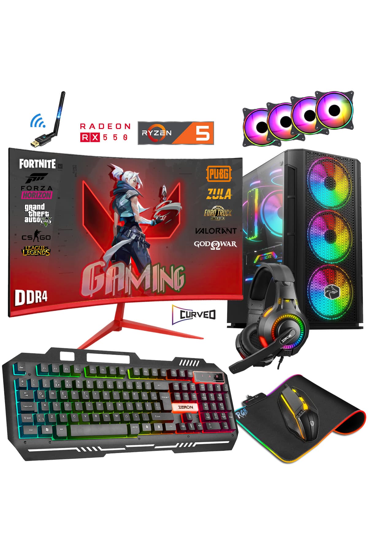 Zeiron Zgx25 Ryzen 5 5500 32GB RAM 480GB SSD RX550 4GB GDDR5 24" Curved Oyuncu Masaüstü Bilgisayar