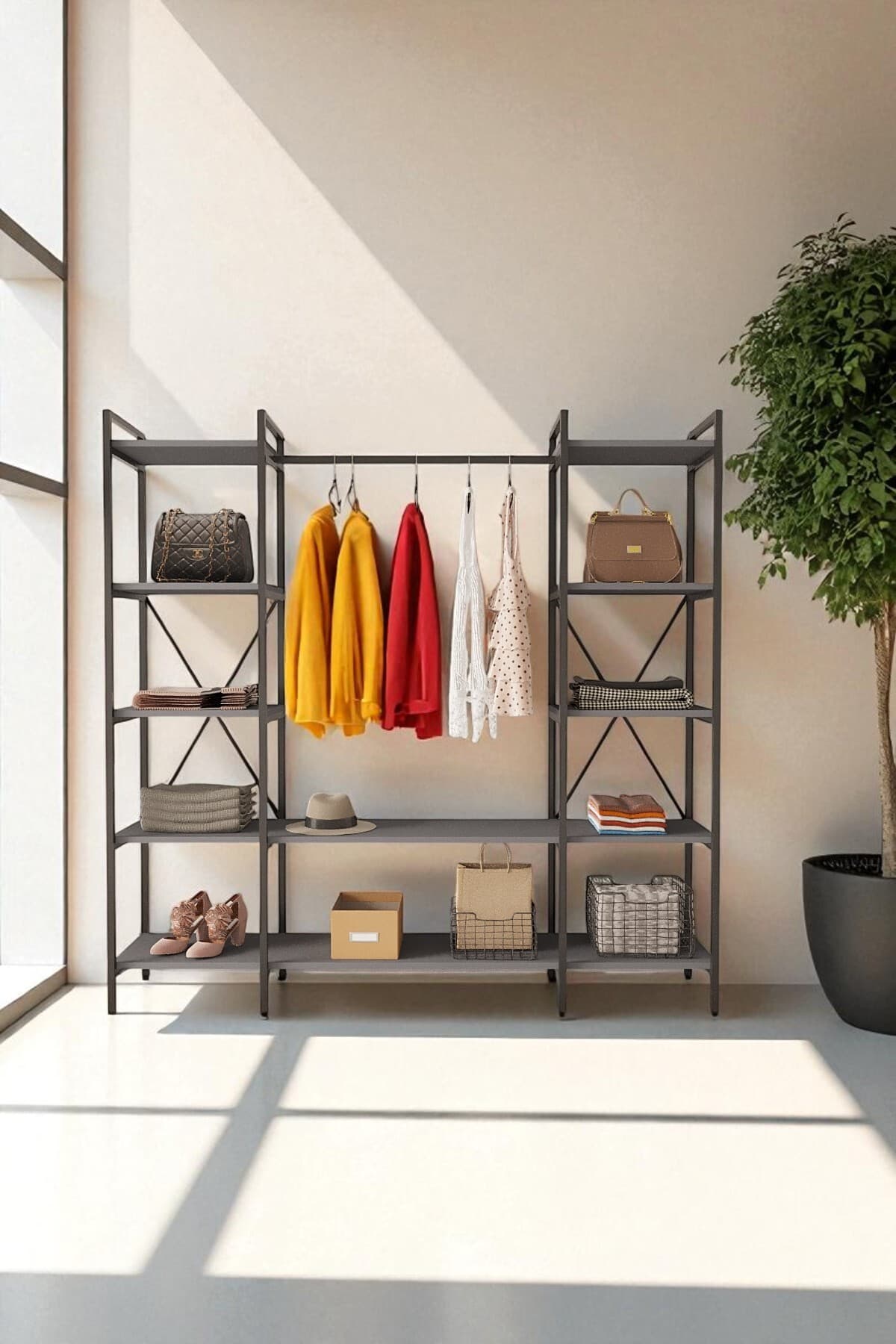 Mobitopya Nilamu Antrasit Elbise Dolabı | Metal Gövdeli Açık Askılık & Organizer Dolap 175*170*34 Cm