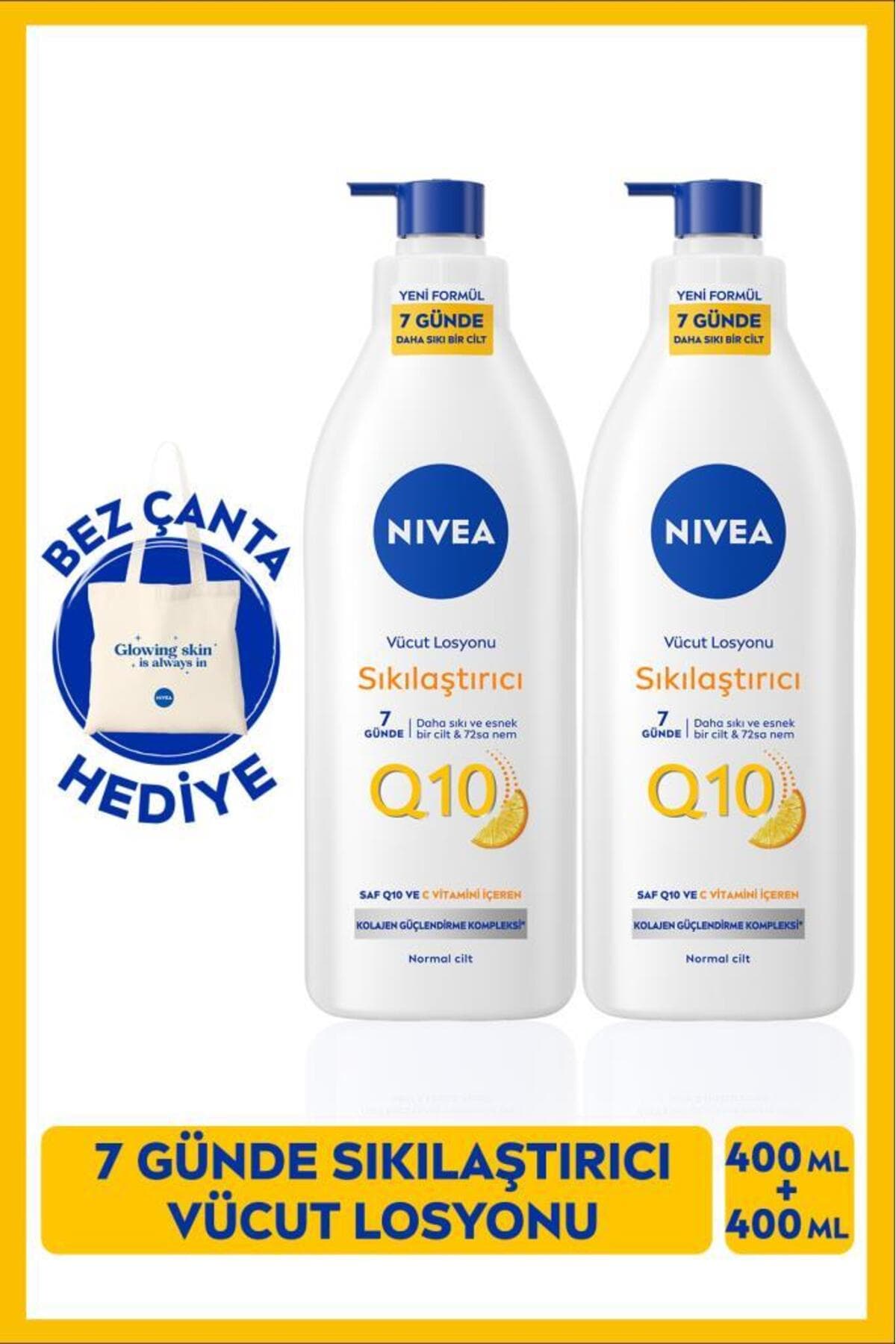 NIVEA Q10 7 Günde Sıkılaştırıcı Vücut Losyonu 400ml, C Vitamini, Nemlendirici, X2 Adet, Bez Çanta Hediyeli