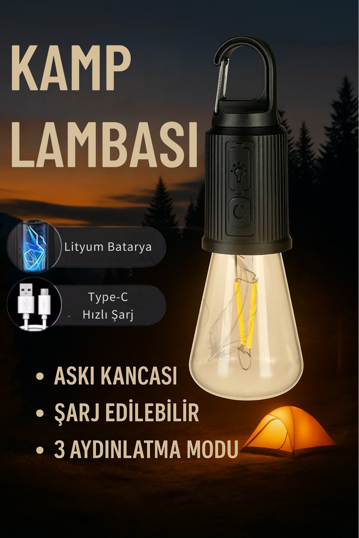 BEYZANA Ultra Hafif Taşınabilir Asılı Işık 600mAh type-C Şarj LED Kamp Lambası Su Geçirmez Sarı Işık 3 Mod