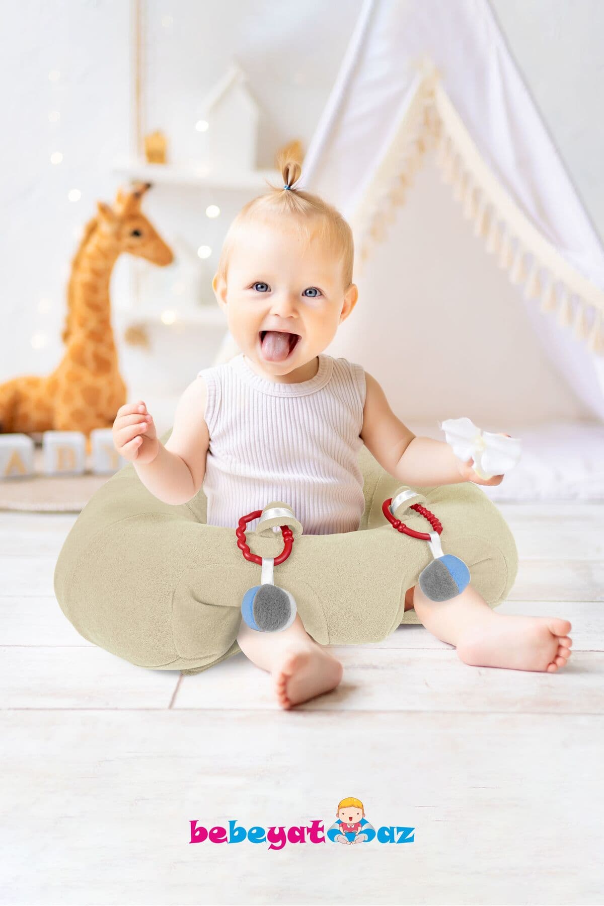 Bebeyatmaz Oyuncaklı Bej Bebe Yatmaz Bebek Oturma Destek Minderi Bebek Koltuğu