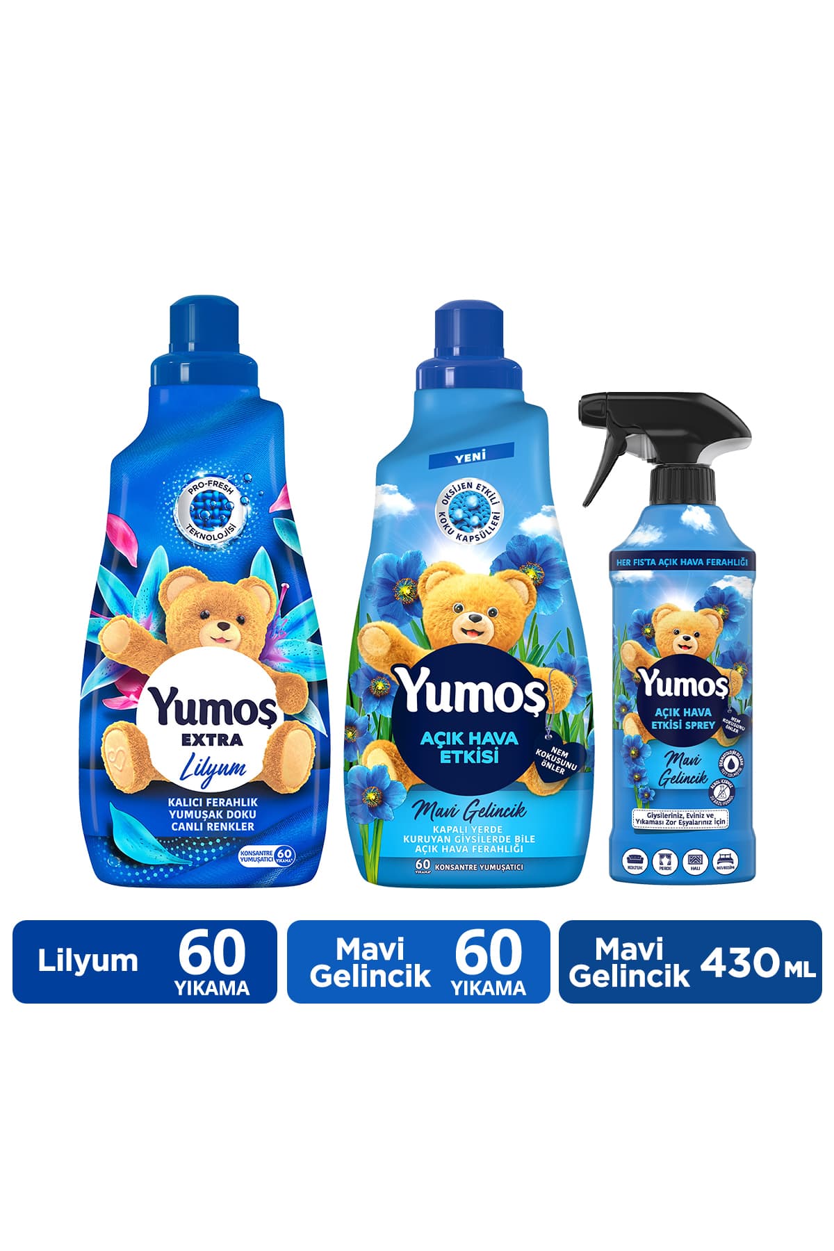 Yumoş Yumoş Açık Hava Mavi Gelincik 1440ml x1 Yumuşatıcı Lilyum 1440ml x1 Sprey Mavi Gelincik 430ml x1