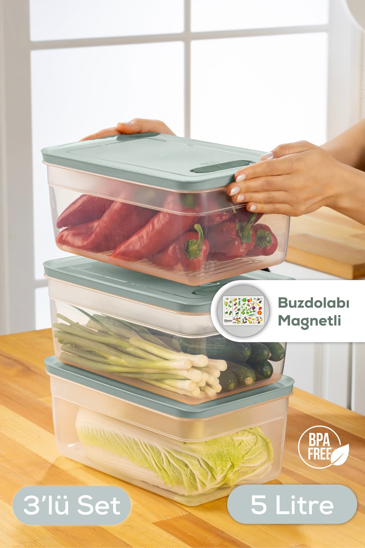Vienev 3'lü Ayarlı Sebze Ve Meyve Saklama Kabı Mint 5 Litre