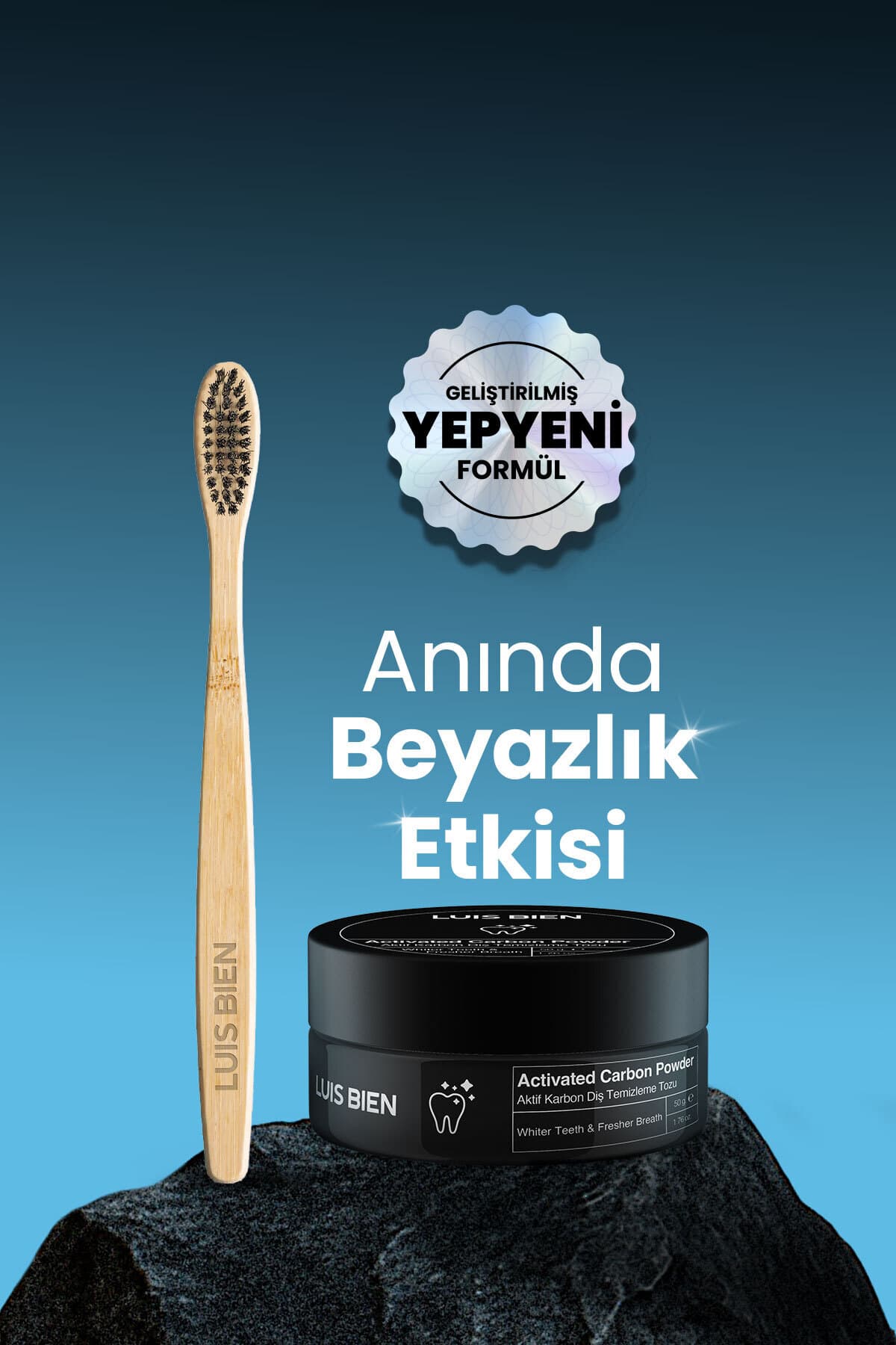 Luis Bien Aktif Karbon Diş Tozu 50 G + Bambu Fırça Seti | Çay Kahve Sigara Lekelerine Karşı