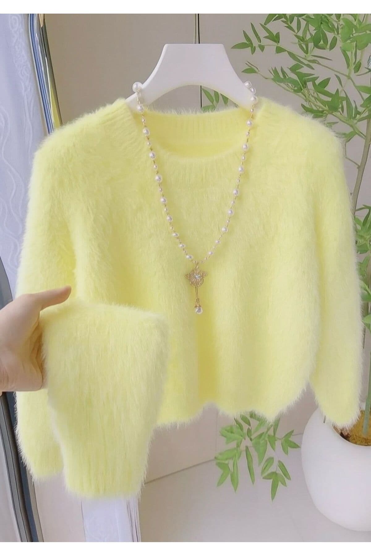 NATUFIAN STORE Kadın Limon Sarısı Peluş Görünüm Bisiklet Yaka Uzun Tüylü Yumoş Triko Kazak