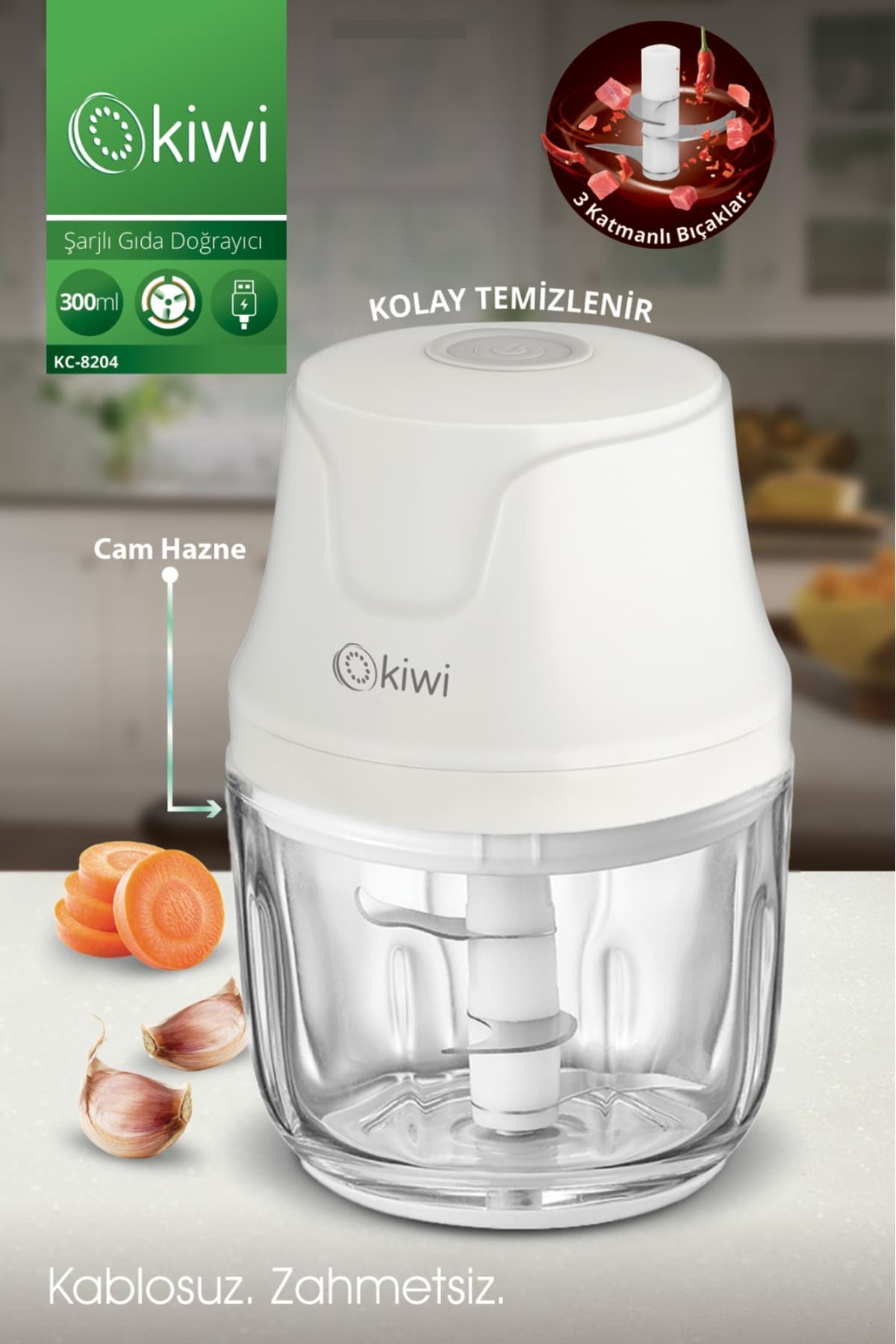 Kiwi 3 Bıçaklı Şarjlı Cam Hazneli Gıda Doğrayıcı Kc-8204 Beyaz