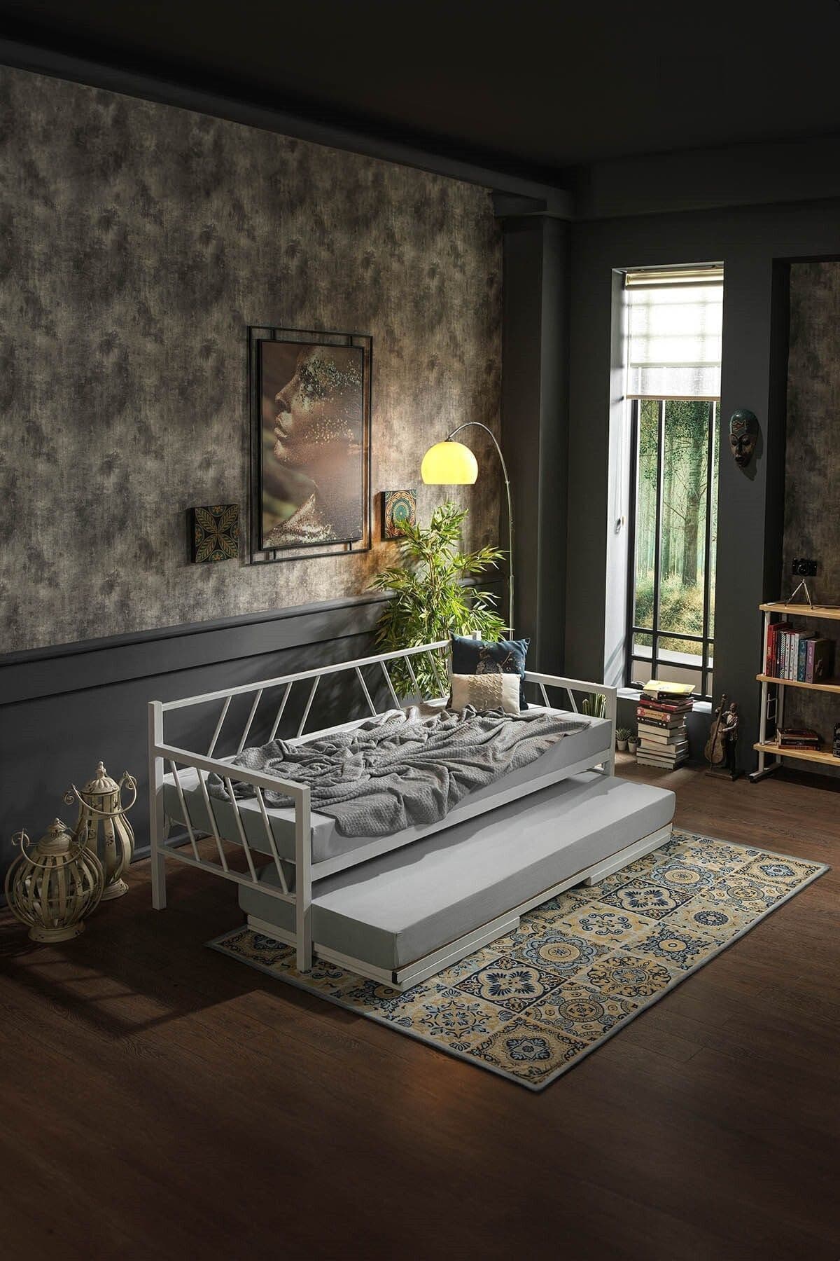Unimet Glory Yavrulu Metal Karyola Daybed - Çift Kişilik Olabilen Sedir - Beyaz (Yataklar Hariçtir)