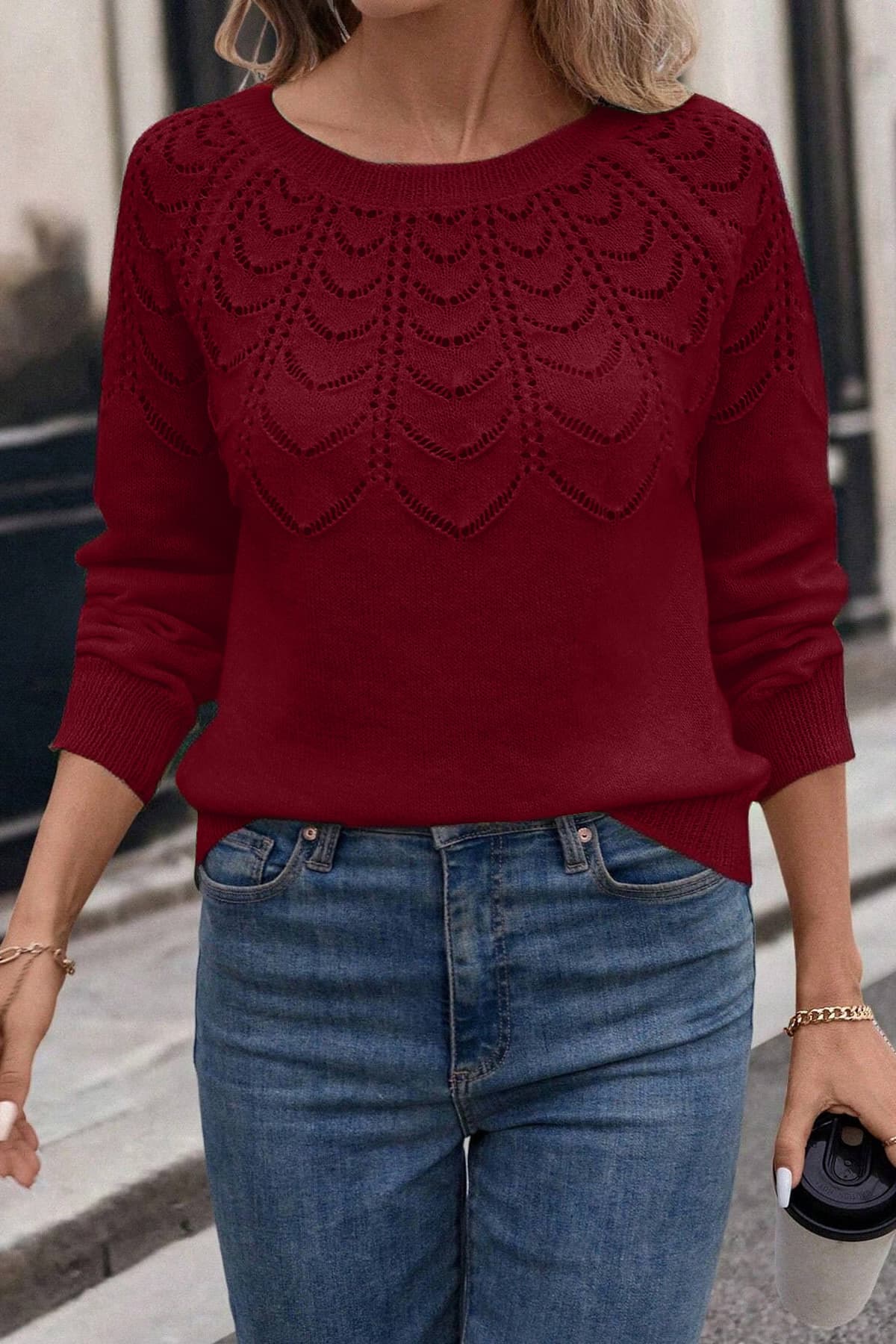 citystyle Kadın Ajur Desenli Bisiklet Yaka Günlük Uzun Kollu Triko Kazak Bordo
