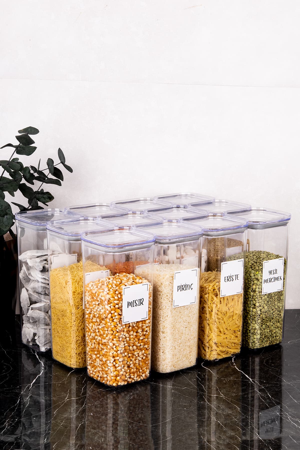 DNS HOME 12'li Vakum Kapaklı Bakliyat Seti Bakliyat Etiketli Saklama Kabı Erzak Kavanozu Mika 1700 ml