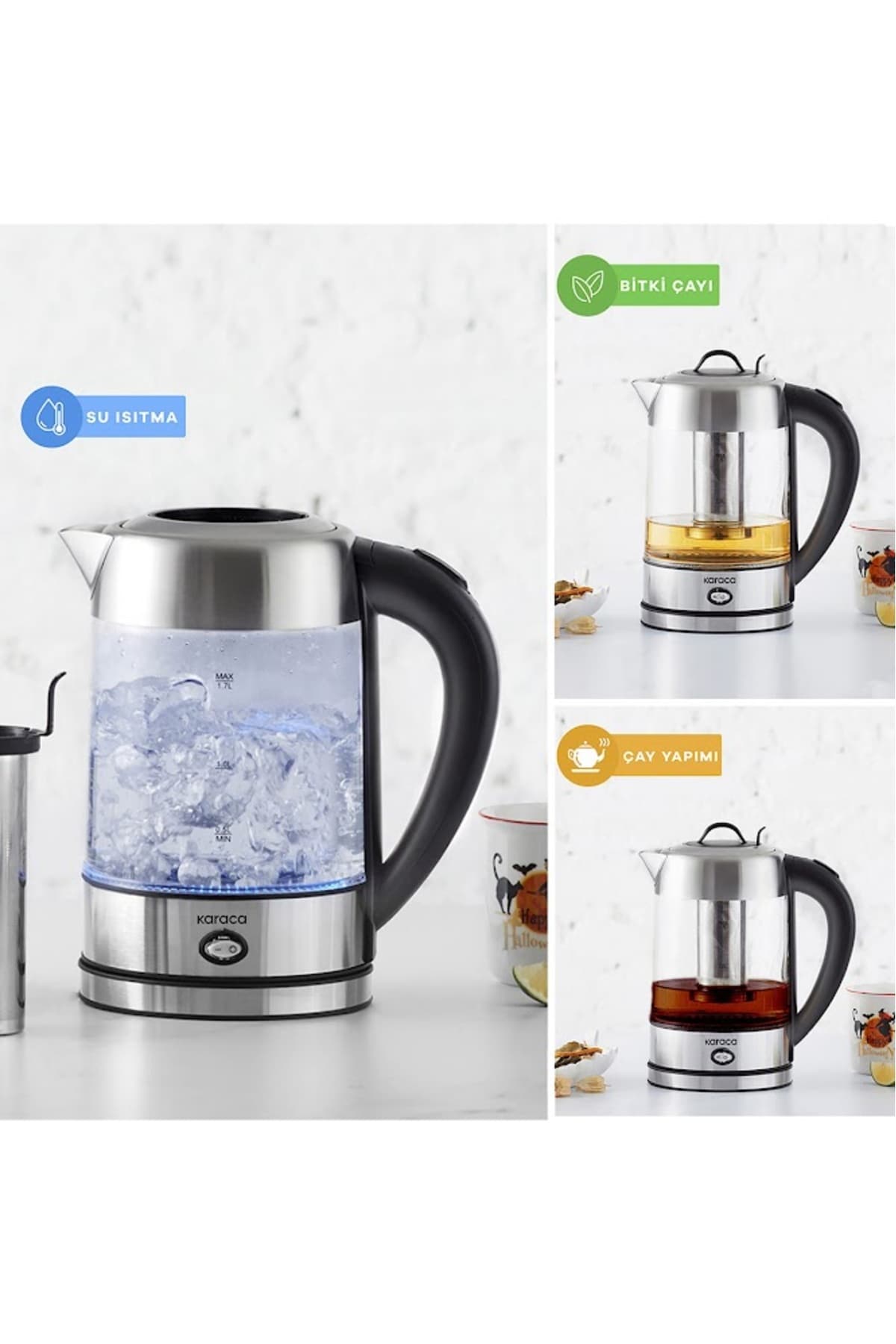 Karaca Cam Inox Bitki Çayı Makinesi Ve Su Isıtıcı Kettle 2202,led, Yüksek Borosilikat Gövde