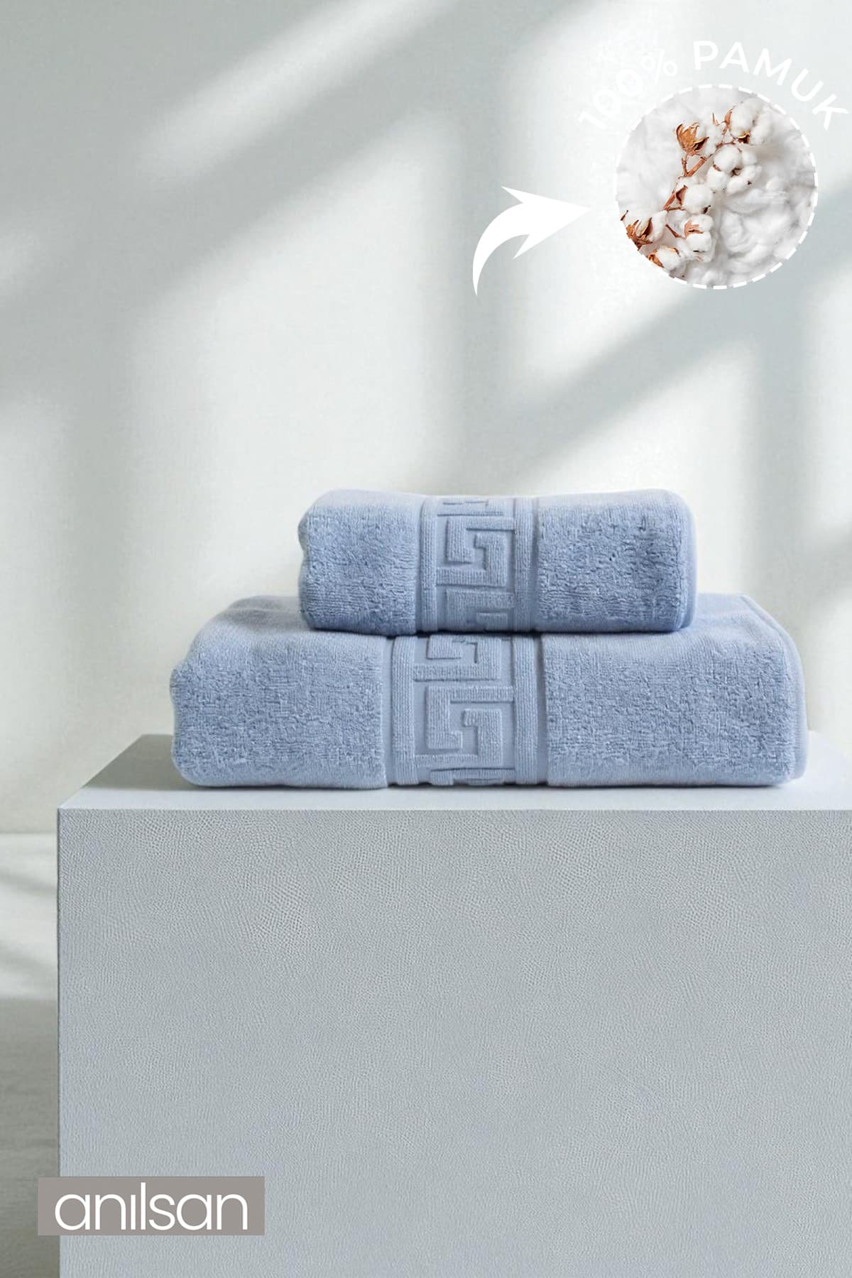 Anılsan 2'li Mavi Greek Havlu Seti %100 Pamuk - 1 Adet El Havlusu 50x90 Ve 1 Adet Banyo Havlusu 70x140
