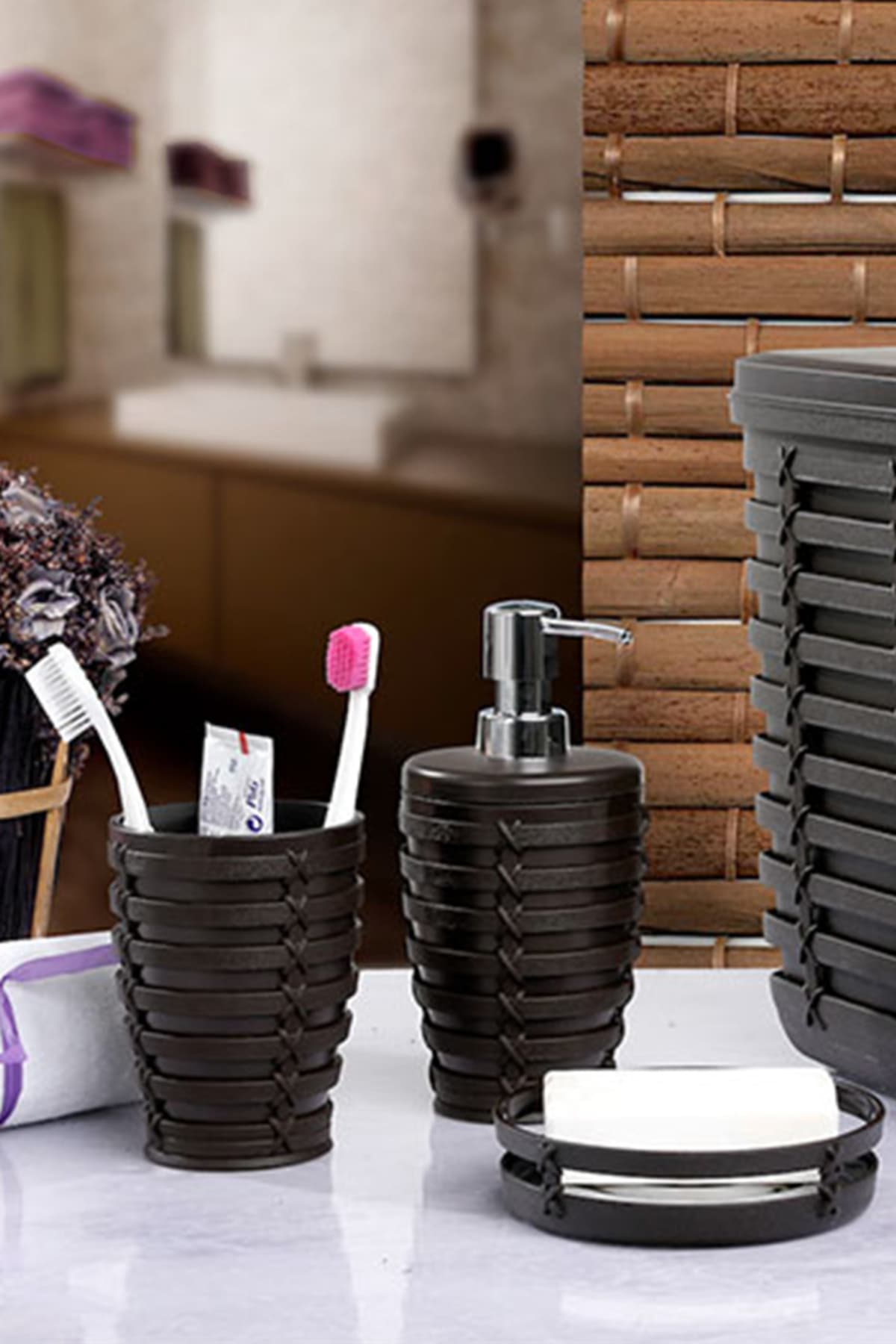 Prima Nova Palm 3'lü Banyo Seti Sıvı Sabunluk + Sabunluk + Diş Fırçalık - Kahverengi