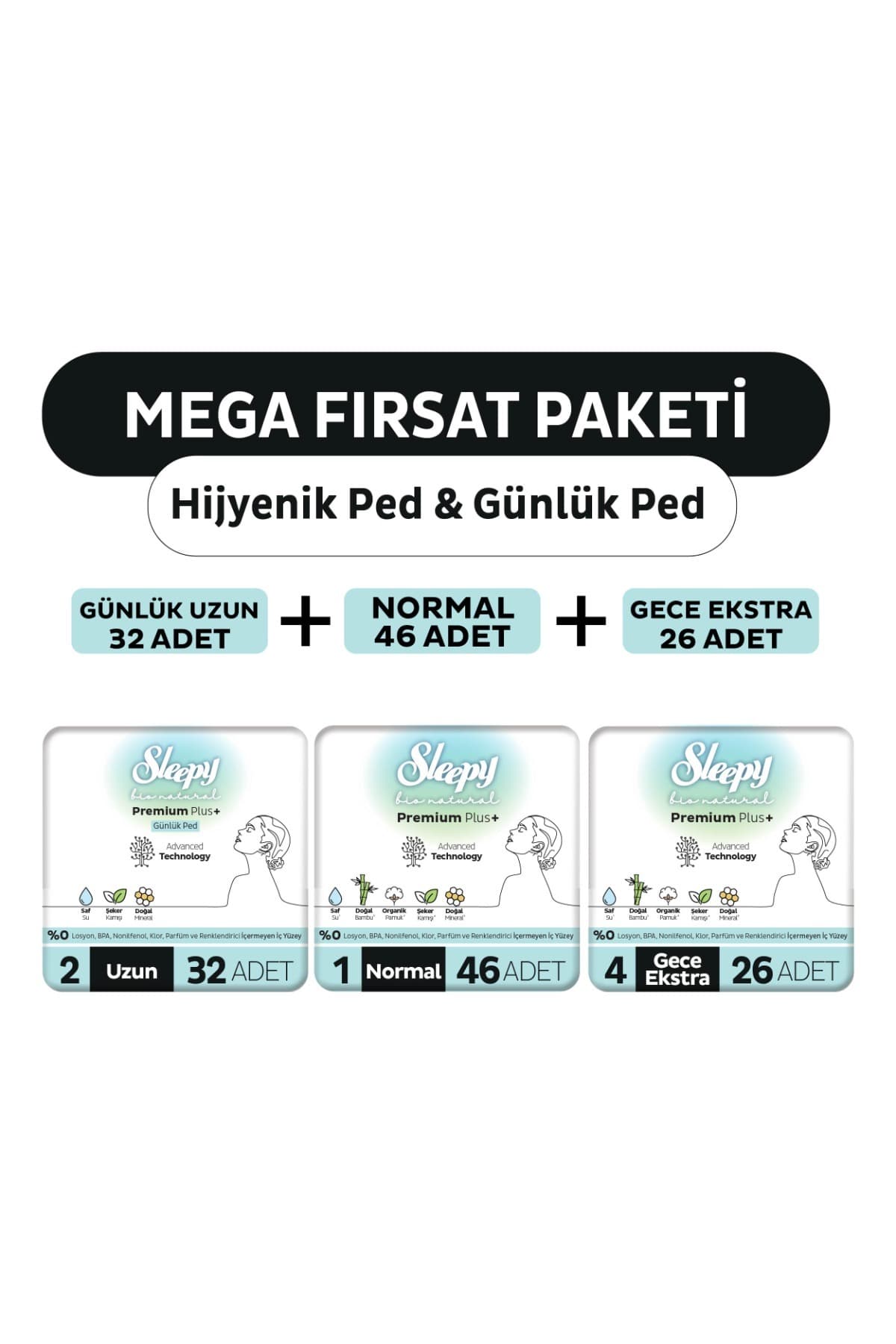Sleepy Bio Natural Premium Plus Hijyenik Ped Mega Fırsat Paketi 72 Adet + Günlük Ped Uzun 32 Adet