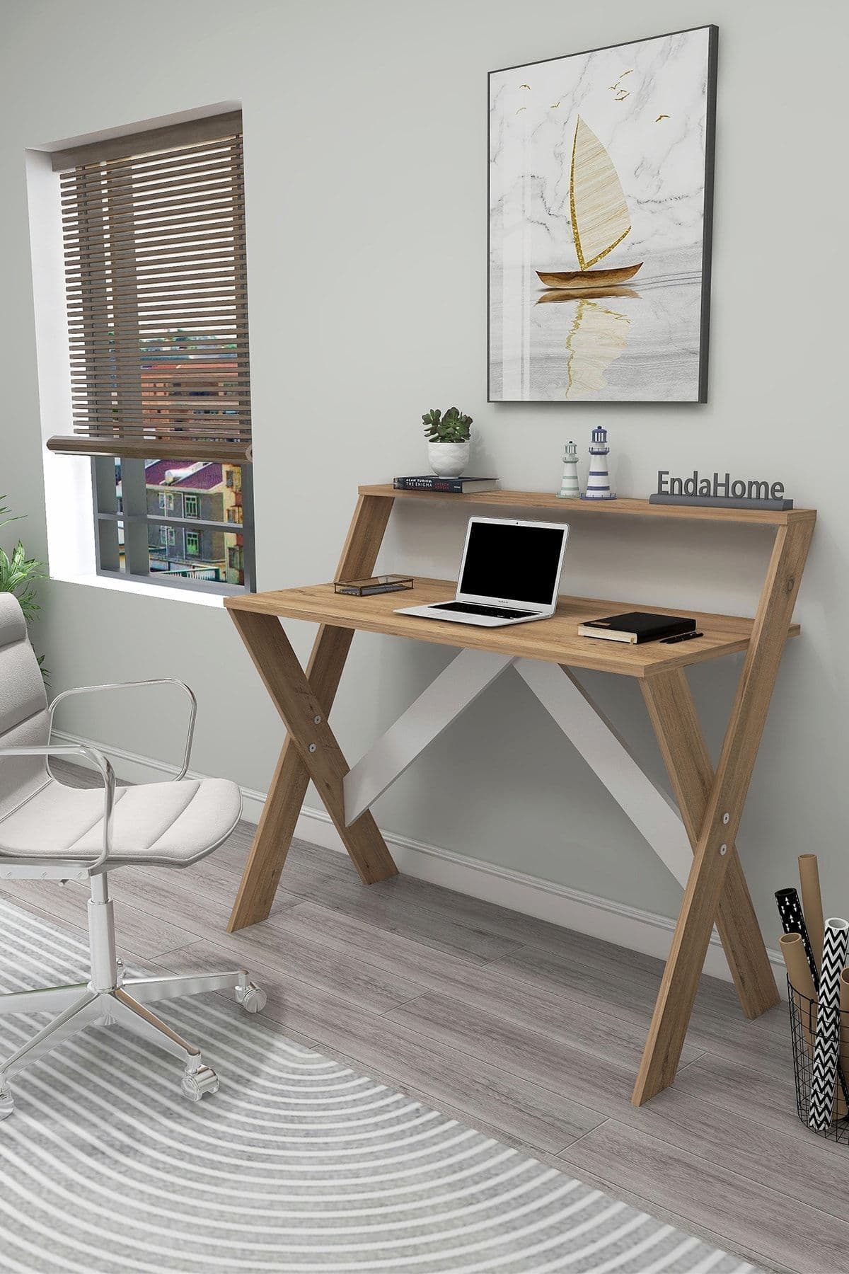 Enda Home X Ayaklı Raflı Ders Çalışma Masası 50x90 Cm Çam
