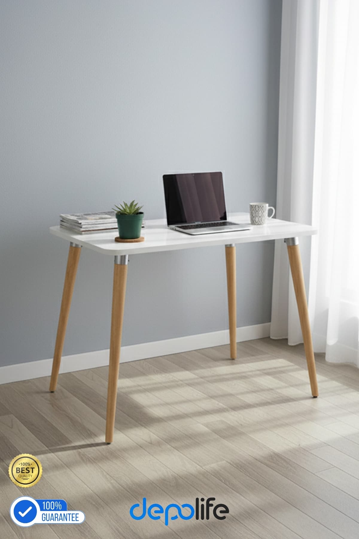 Depolife Ahşap Ayaklı Mutfak Salon Yemek Masası 60x90 Cm Gürgen Masif Ayak Beyaz Çalışma Masası