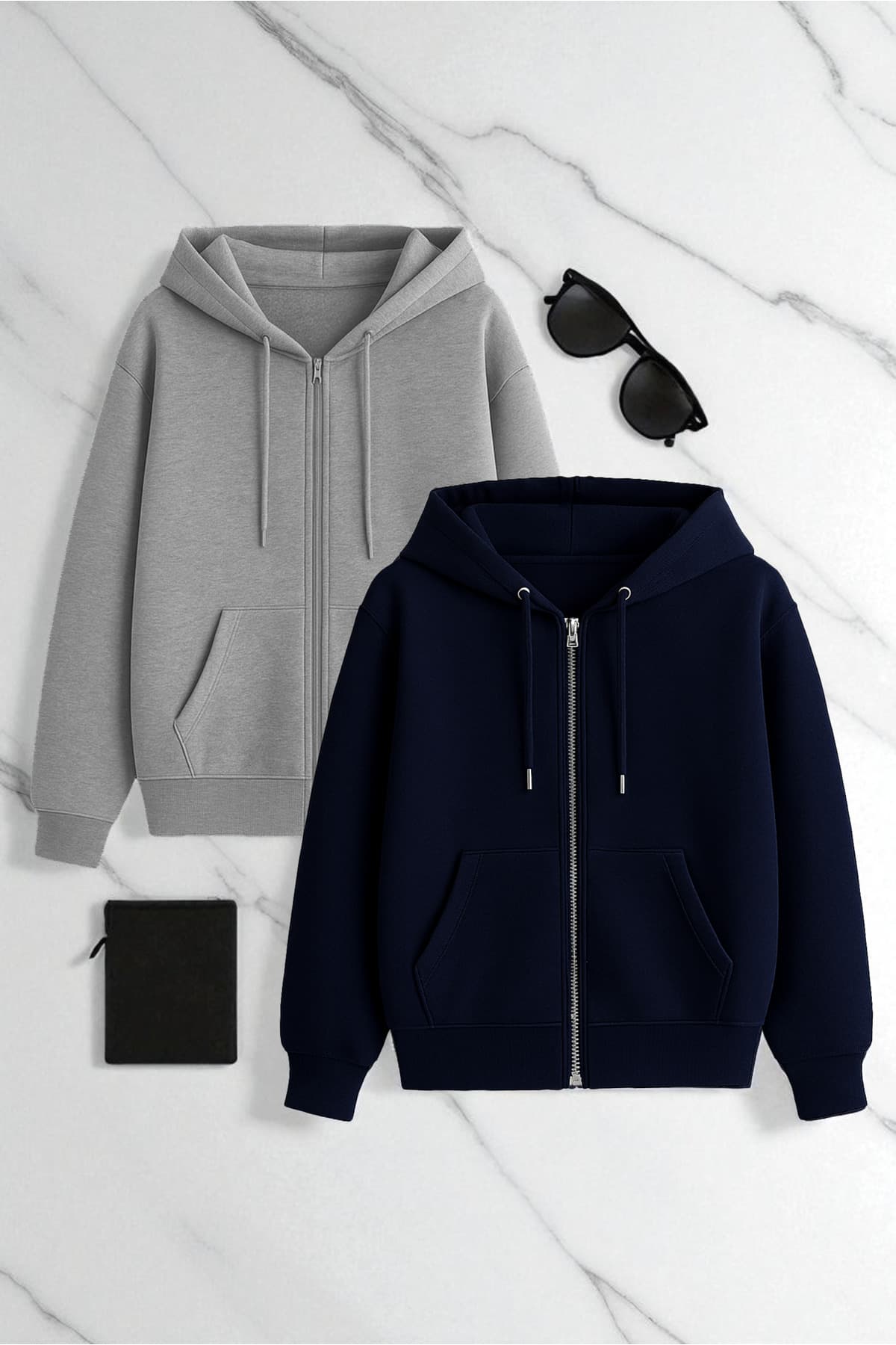 trendypassion Unisex Lacivert & Gri Fermuar Kapüşonlu Sweatshirt 2 ' li Fırsat Paketi