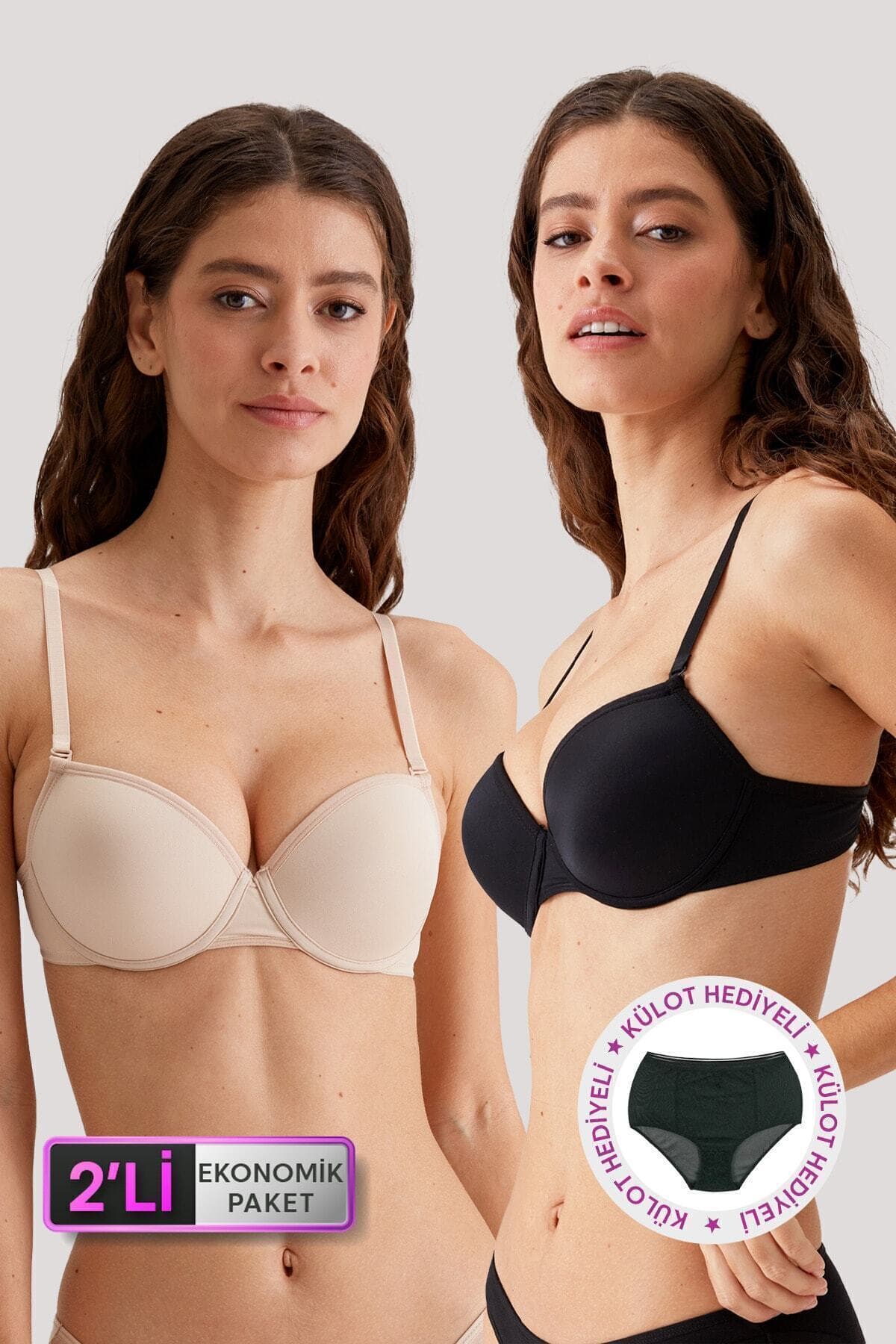Pierre Cardin 2'li Ekonomik Paket Siyah-ten 6010 Madrid Balenli Dolgusuz Micro T-shirt Sütyen Seti Slip Hediyeli