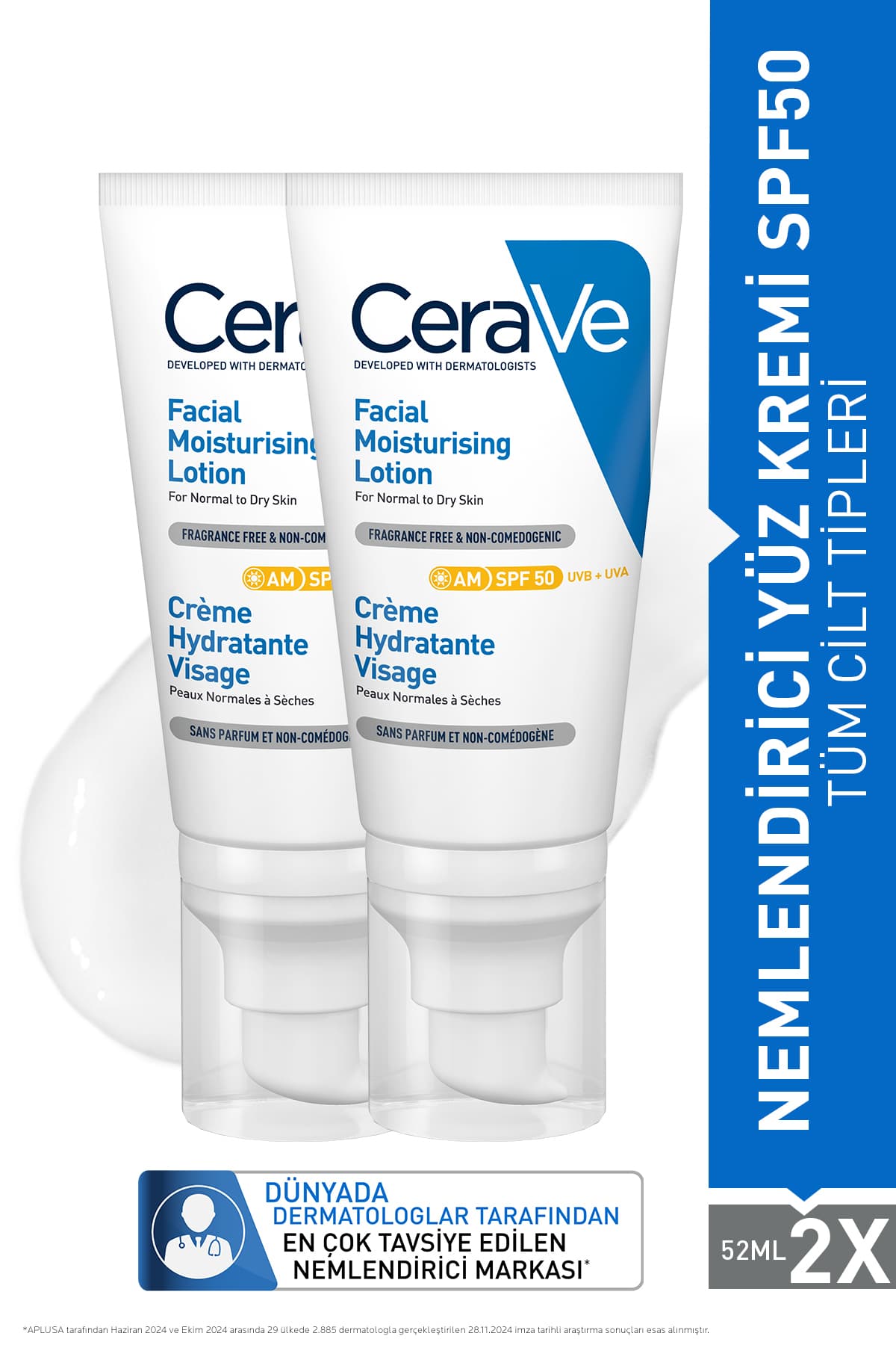 CeraVe Hyalüronik Asit & Niasinamid İçeren Nemlendirici SPF50+ Yüz Kremi 52 ml X2 Adet