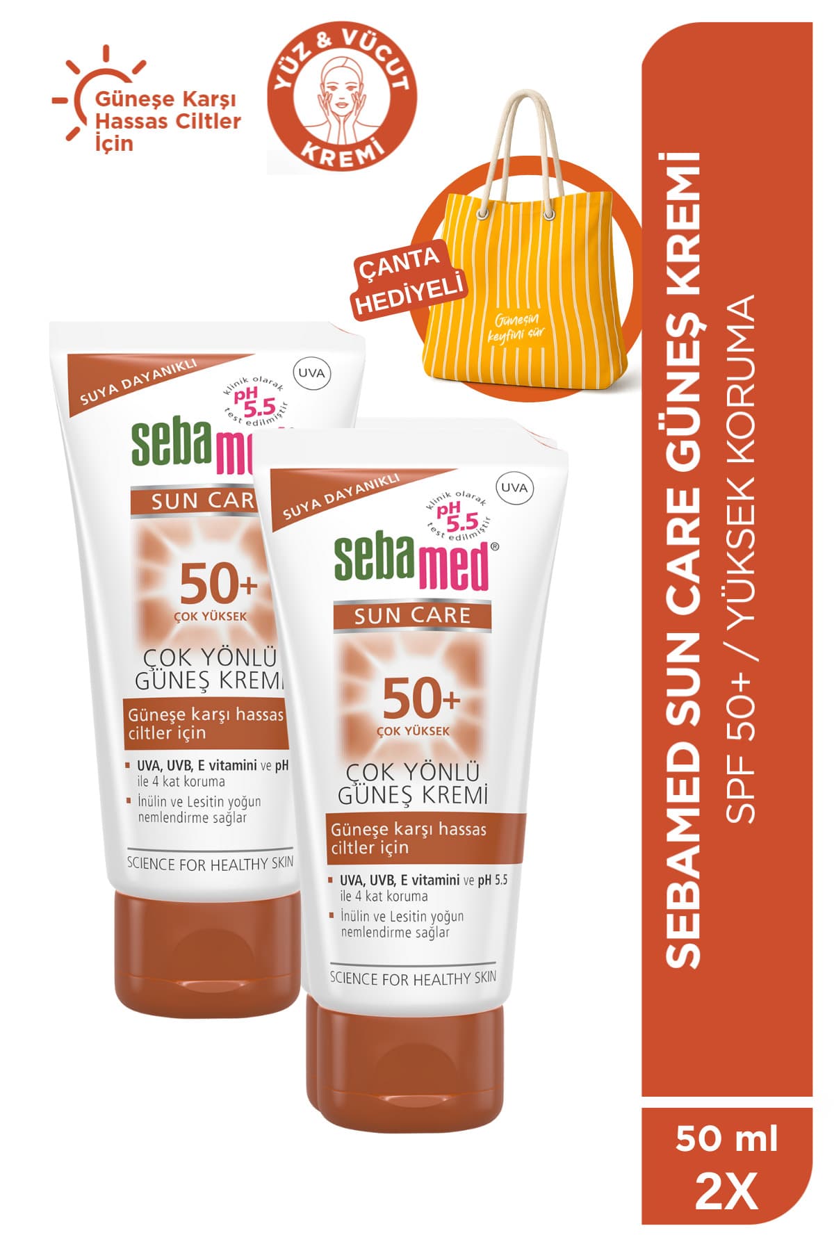 Sebamed Sun Care SPF 50+Üçlü Yüksek Koruma Güneş Kremi 50ml x 2 Adet -Plaj Çantası Hediyeli Set