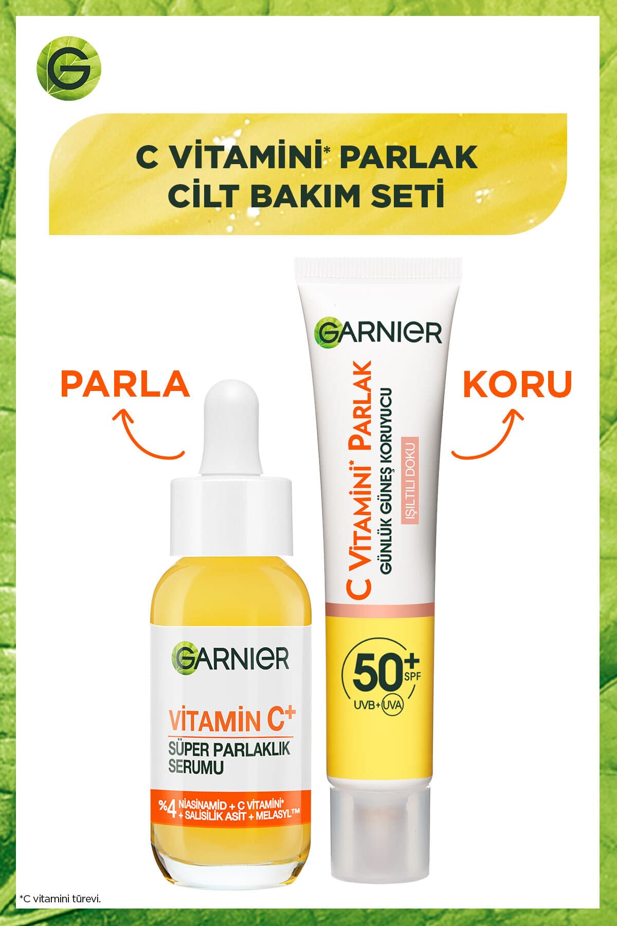 Garnier C Vitamini Süper Parlaklık Serumu & Işıltılı Doku Güneş Koruyucu Krem SPF50+ İkili Set