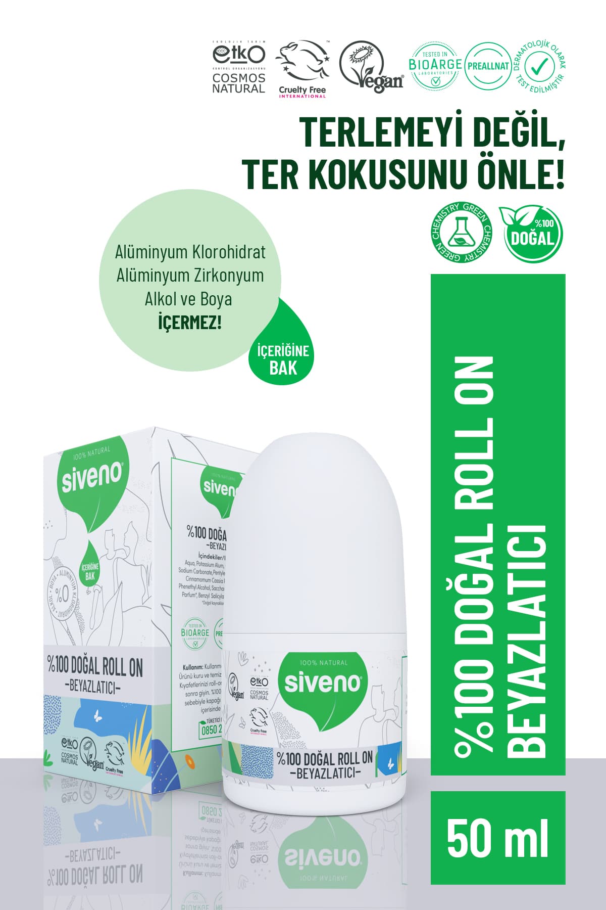 Siveno %100 Doğal Roll-On Beyazlatıcı Etkili Deodorant Ter Kokusu Önleyici Bitkisel Lekesiz Vegan 50 Ml