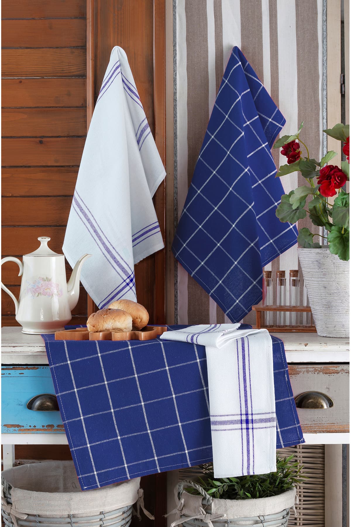 LADYNİL 4'lü Mutfak Havlusu Seti & Alman Peçetesi 50x70 Cm % 100 Pamuk Ve Yıkanmış Büyük Kareli Mavi