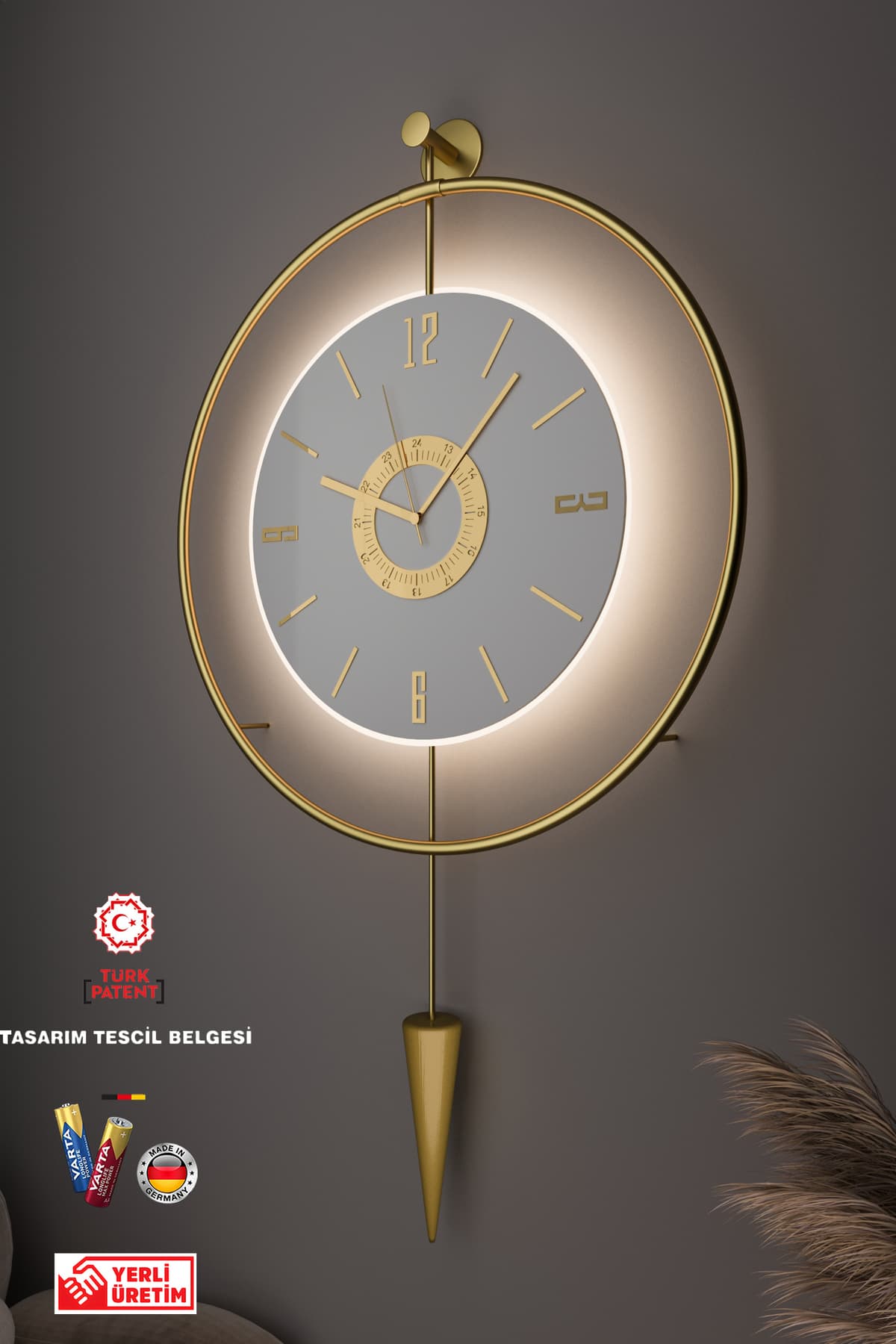 MetaQuartz Aksesuar Kadranlı - Masippi Kristal Gold - Büyük Boy(50X90CM) (PİLLİ LED) , Metal Duvar Saati