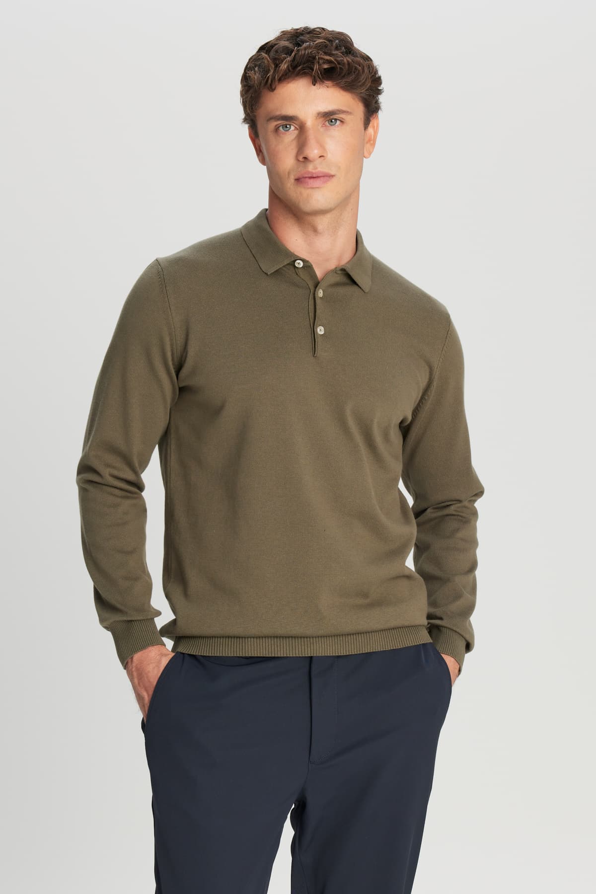 Altınyıldız Classics Erkek Haki Pamuklu Standart Fit Normal Kesim Polo Yaka Triko Kazak