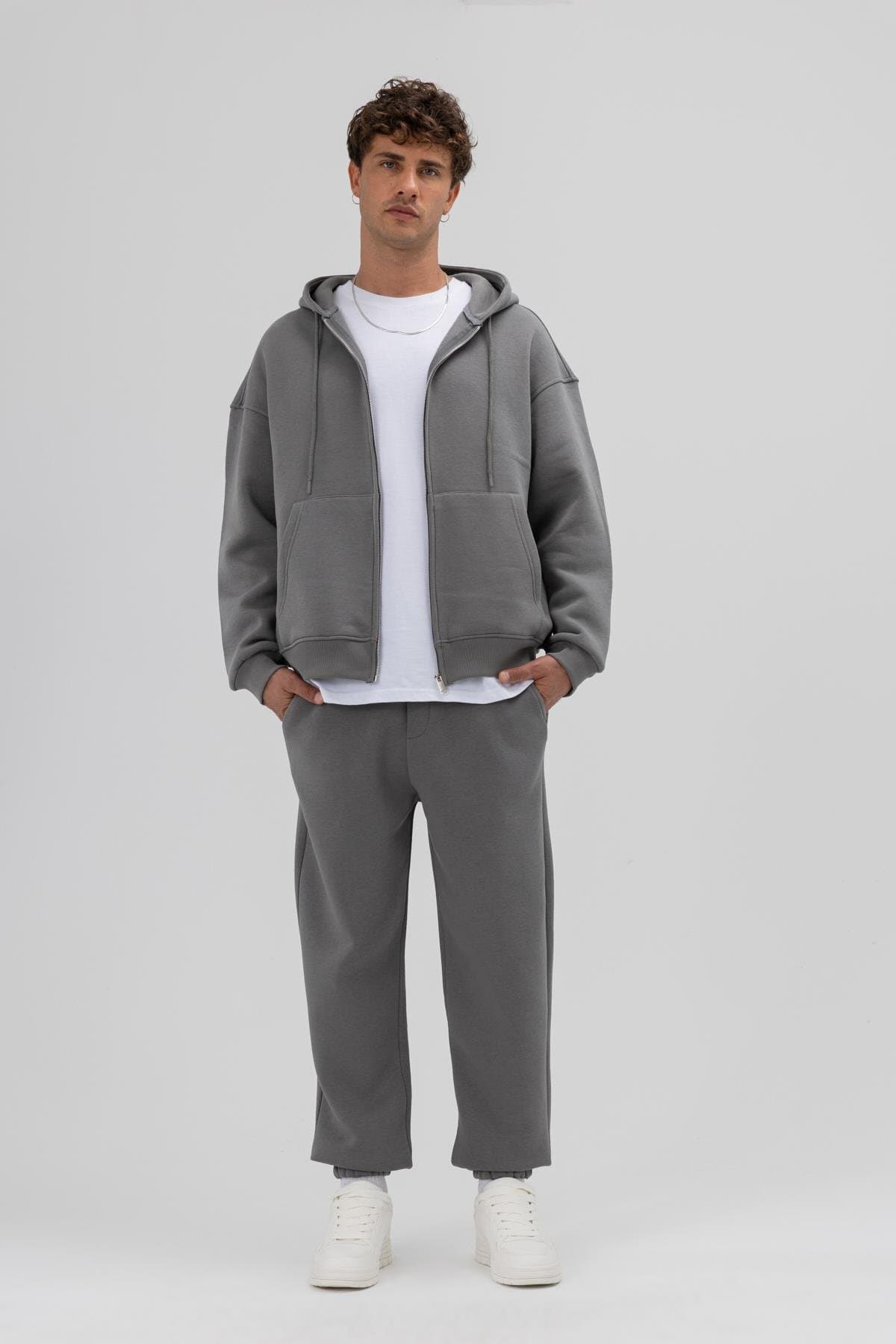 VAMOSCLO Basic Fermuarlı Oversize Kapüşonlu Sweatshirt Füme