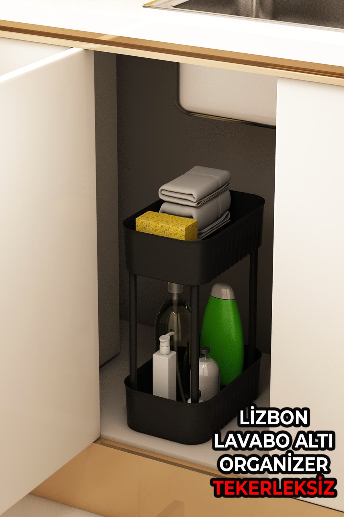 İndecor Houseware Lizbon Çok Amaçlı 2 Katlı Banyo Organizer Düzenleyici Dolap Içi Tezgah Altı Tekerleksiz Organizer