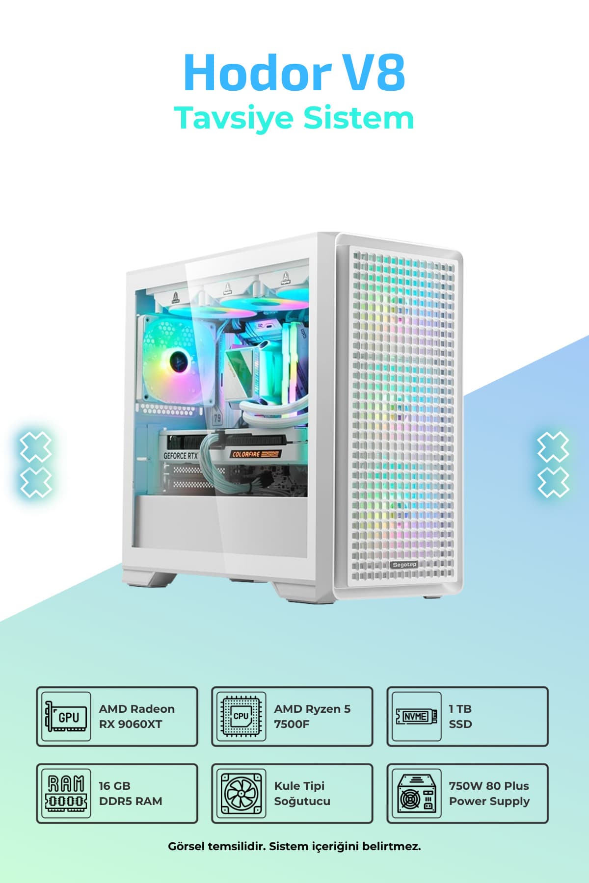 incehesap Hodor V8 R5-7500F 16GB RAM 1TB SSD RX9060XT 16GB FreeDos OEM Paket